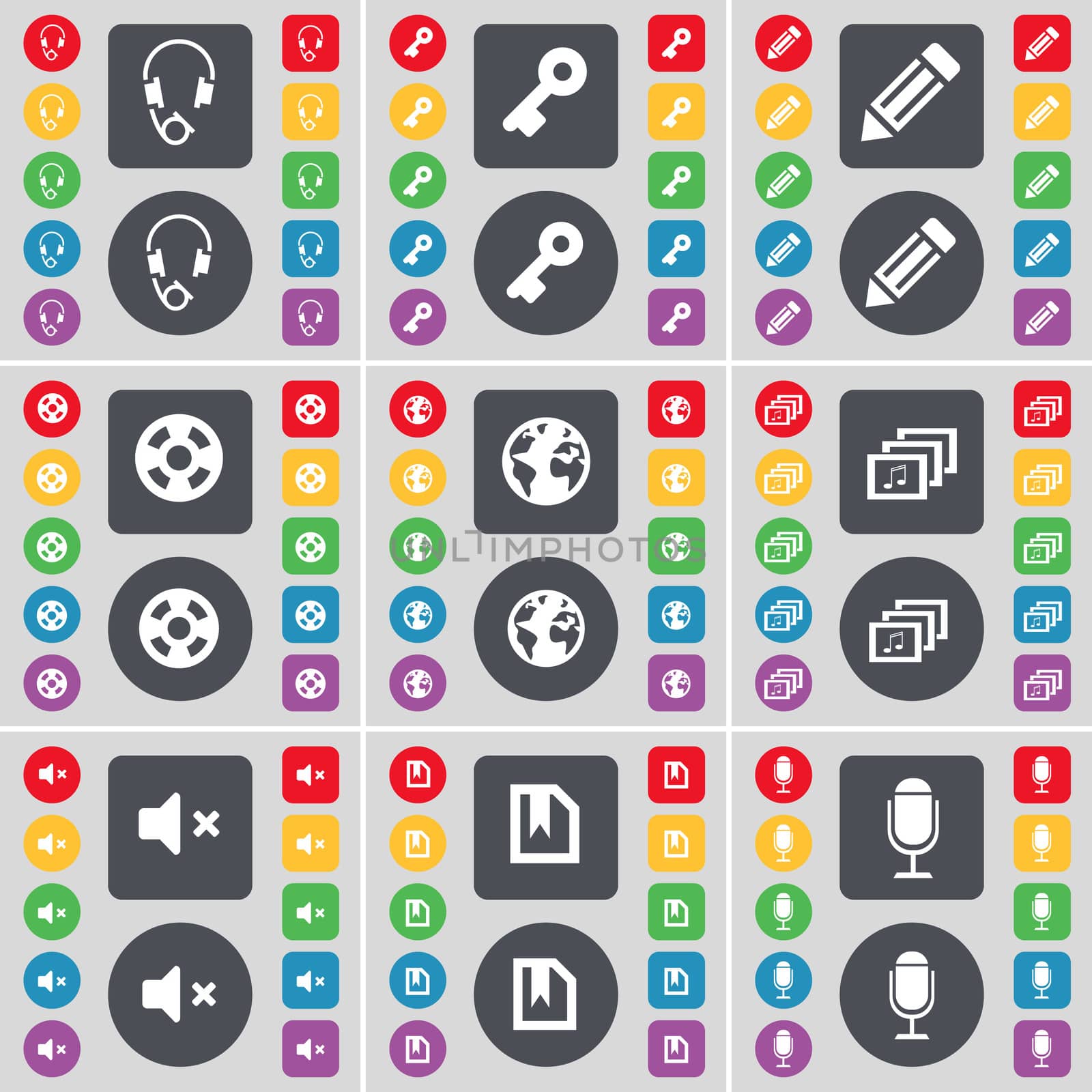 Headphones, Key, Pencil, Videotape, Earth, Gallery, Mute, File, Microphone icon symbol. A large set of flat, colored buttons for your design. illustration