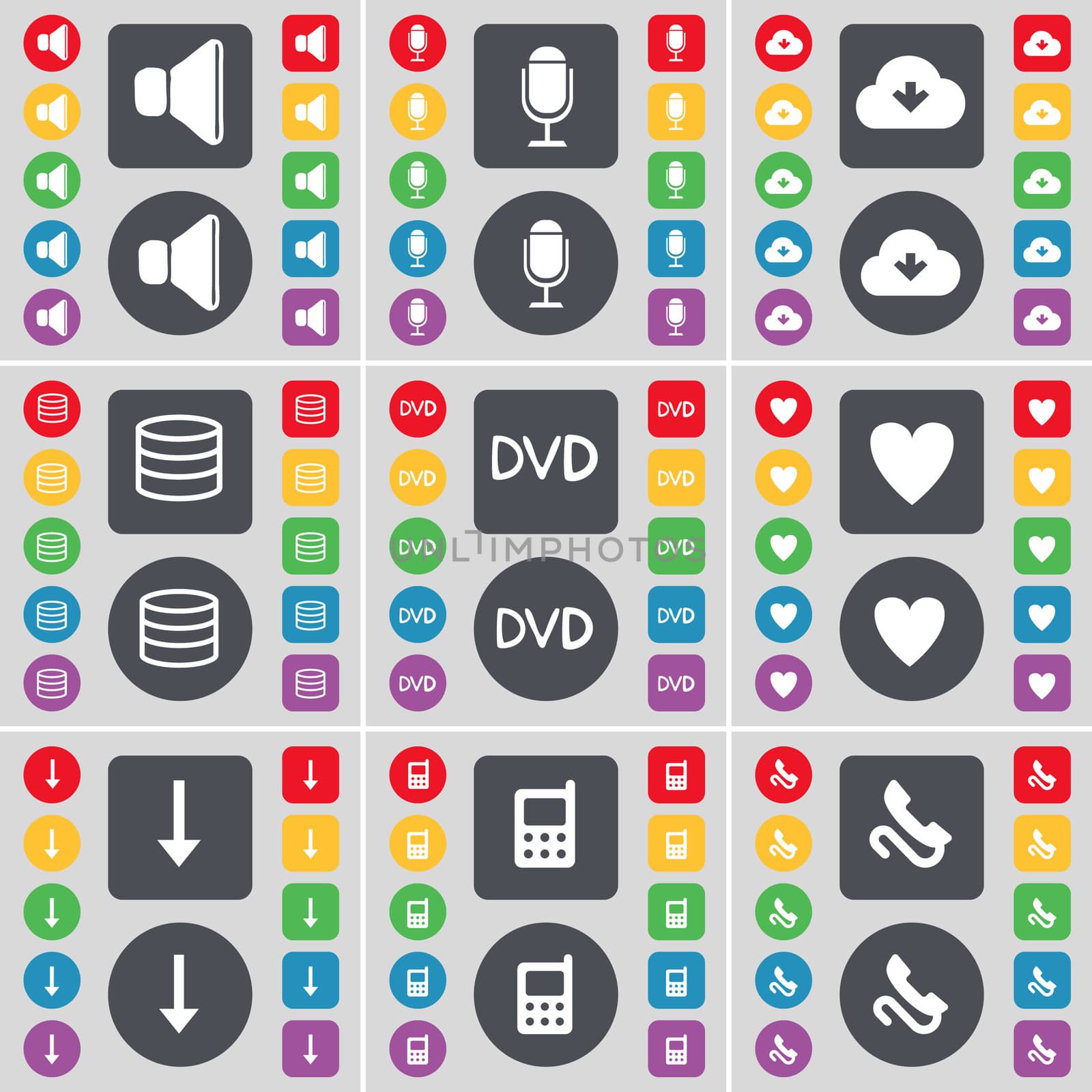 Sound, Microphone, Cloud, Database, DVD, Heart, Arrow down, Mobile phone, Receiver icon symbol. A large set of flat, colored buttons for your design. illustration