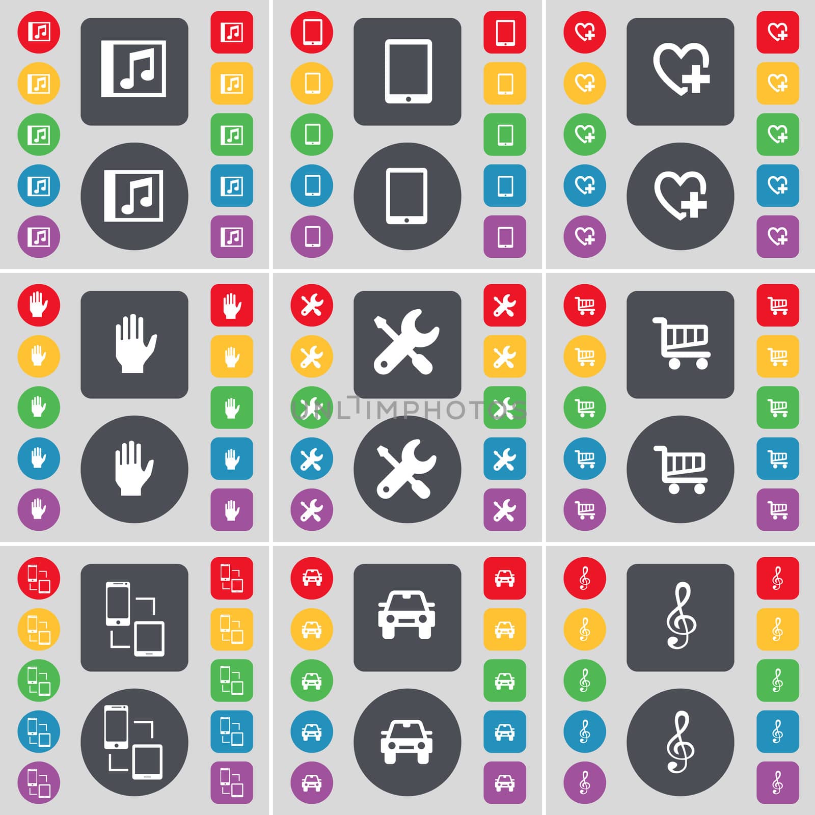 Music window, Tablet PC, Heart, Hand, Wrench, Shopping cart, Connection, Car, Clef icon symbol. A large set of flat, colored buttons for your design. illustration