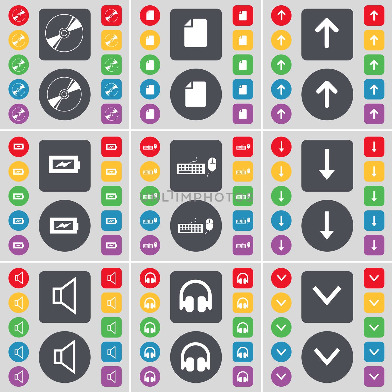 Disk, File, Arrow up, Charging, Keyboard, Arrow down, Sound, Headphones icon symbol. A large set of flat, colored buttons for your design. illustration