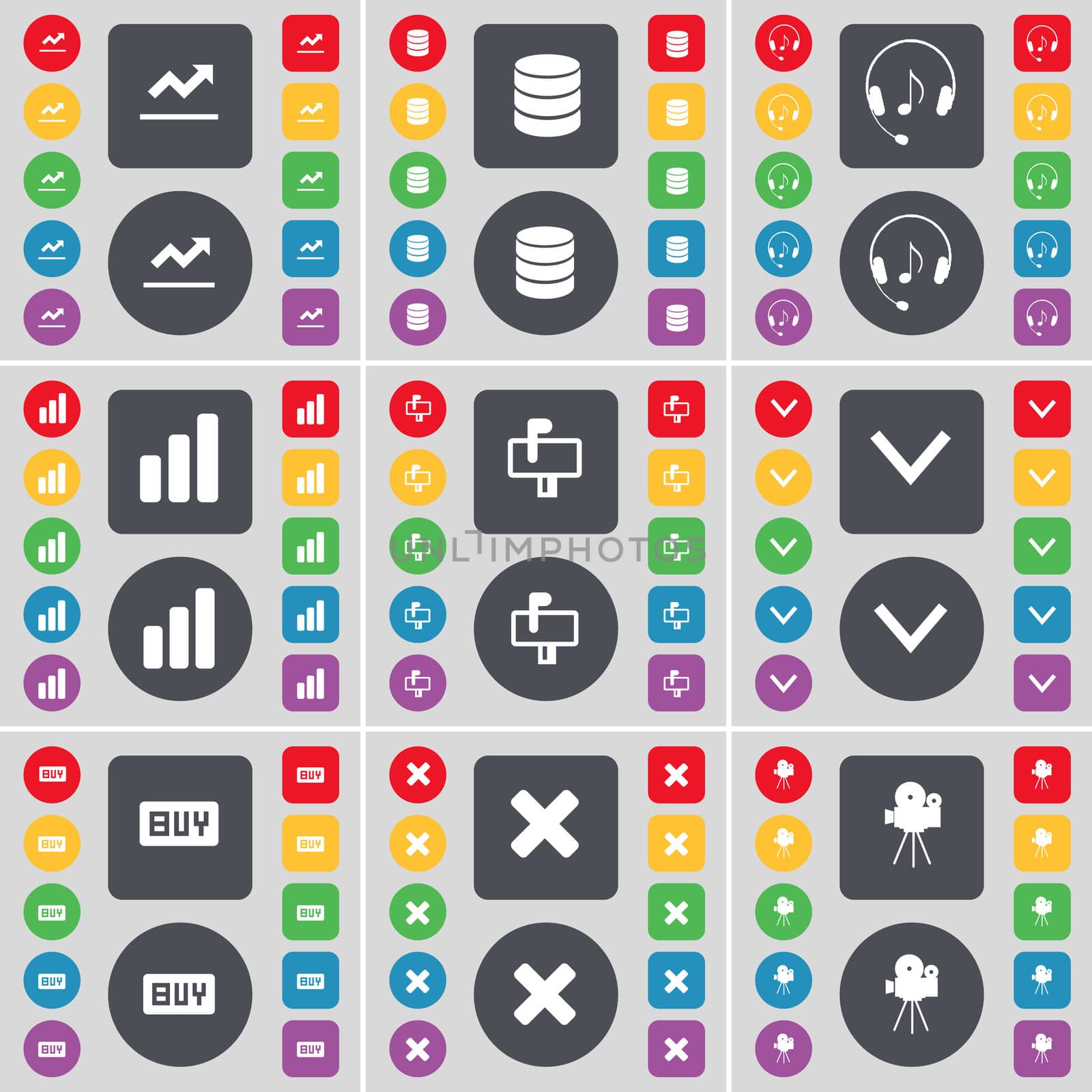 Graph, Database, Headphones, Diagram, Mailbox, Arrow down, Buy, Stop, Film camera icon symbol. A large set of flat, colored buttons for your design. illustration