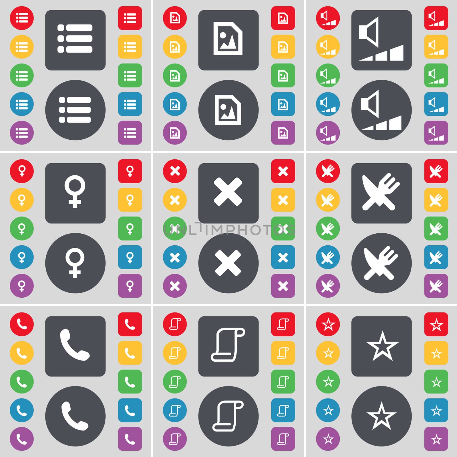 List, Media file, Volume, Venus symbol, Stop, Fork and knife, Receiver, Scroll, Star icon symbol. A large set of flat, colored buttons for your design.  by serhii_lohvyniuk