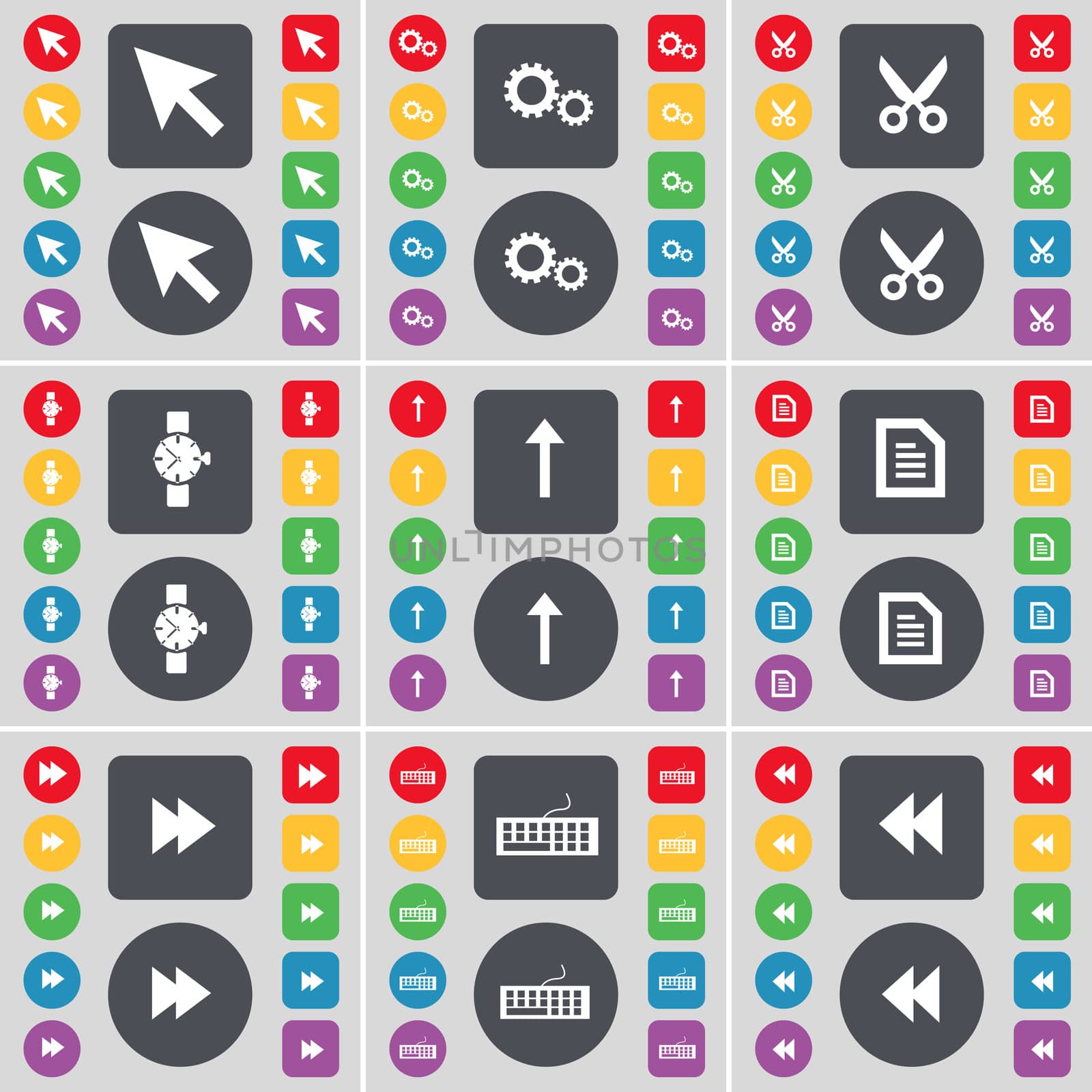 Cursor, Gear, Scissors, Wrist watch, Arrow up, Text file, Rewind, Keyboard icon symbol. A large set of flat, colored buttons for your design. illustration