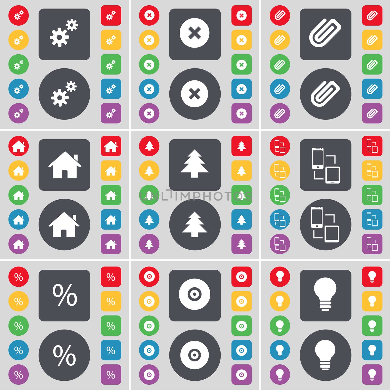 Gear, Stop, Clip, House, Firtreen, Connection, Percent, Disk, Light bulb icon symbol. A large set of flat, colored buttons for your design. illustration