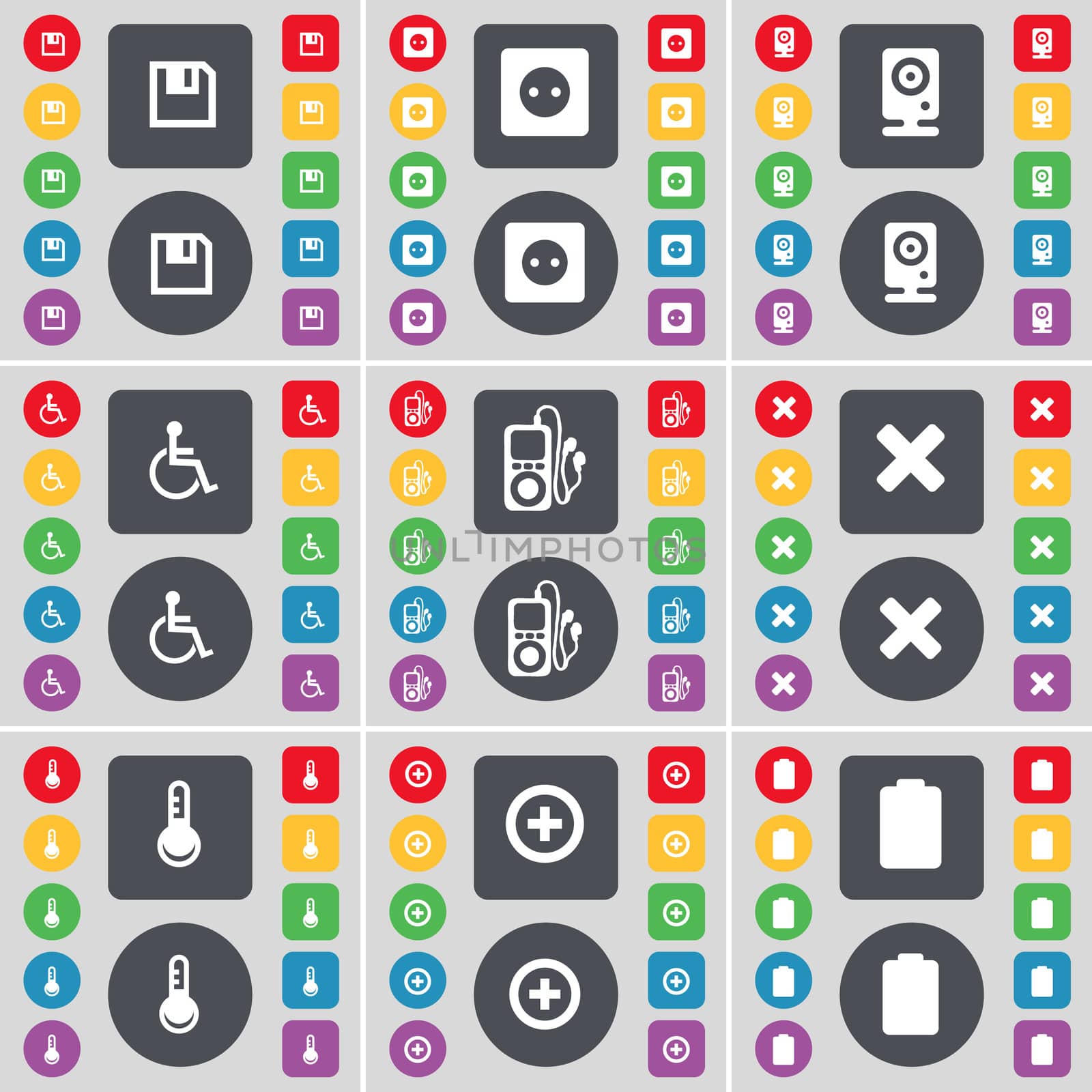 Floppy, Socket, Speaker, Disabled person, MP3 player, Stop, Thermometer, Plus, Battery icon symbol. A large set of flat, colored buttons for your design. illustration