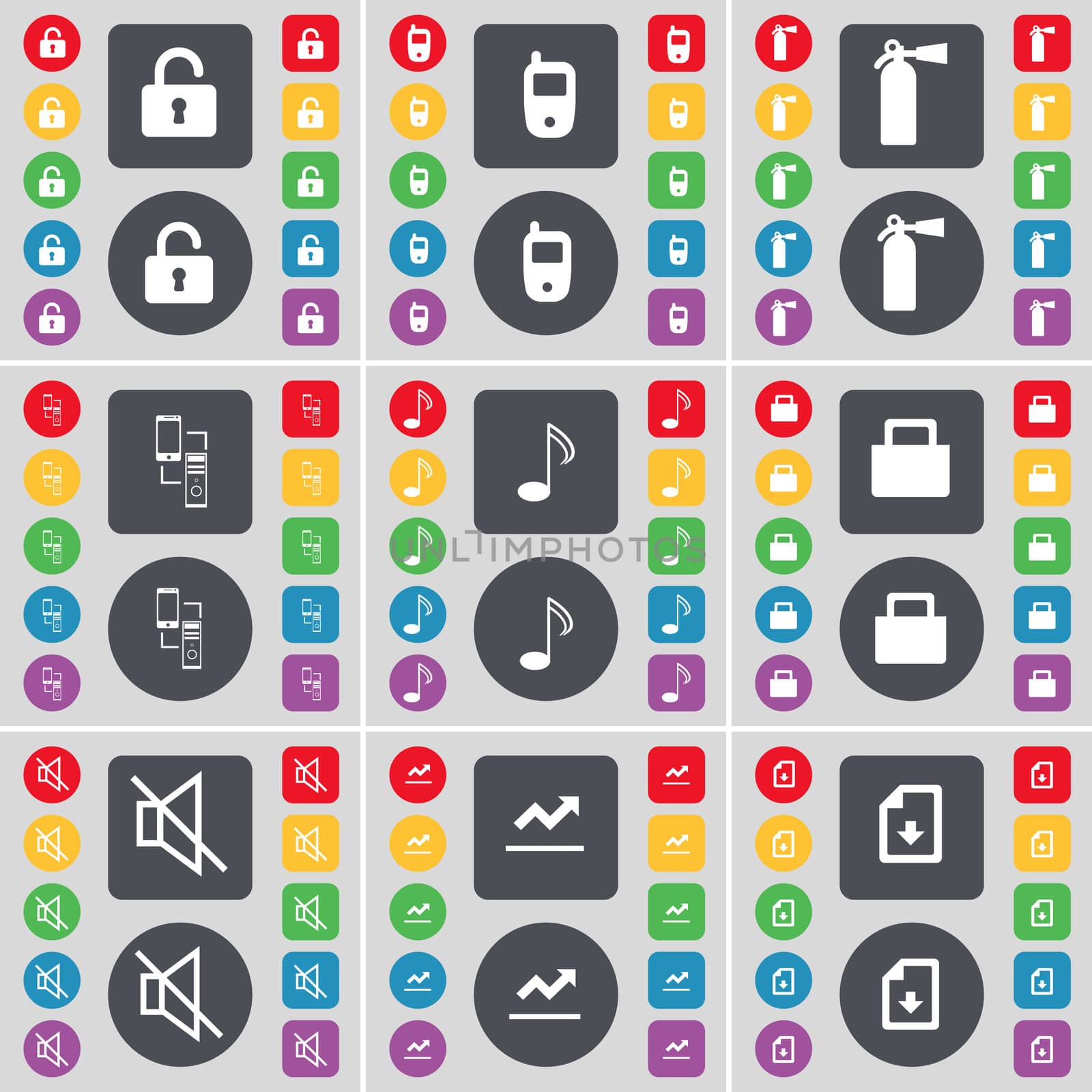 Lock, Mobile phone, Fire extinguisher, Connection, Note, Lock, Mute, Graph, File icon symbol. A large set of flat, colored buttons for your design.  by serhii_lohvyniuk
