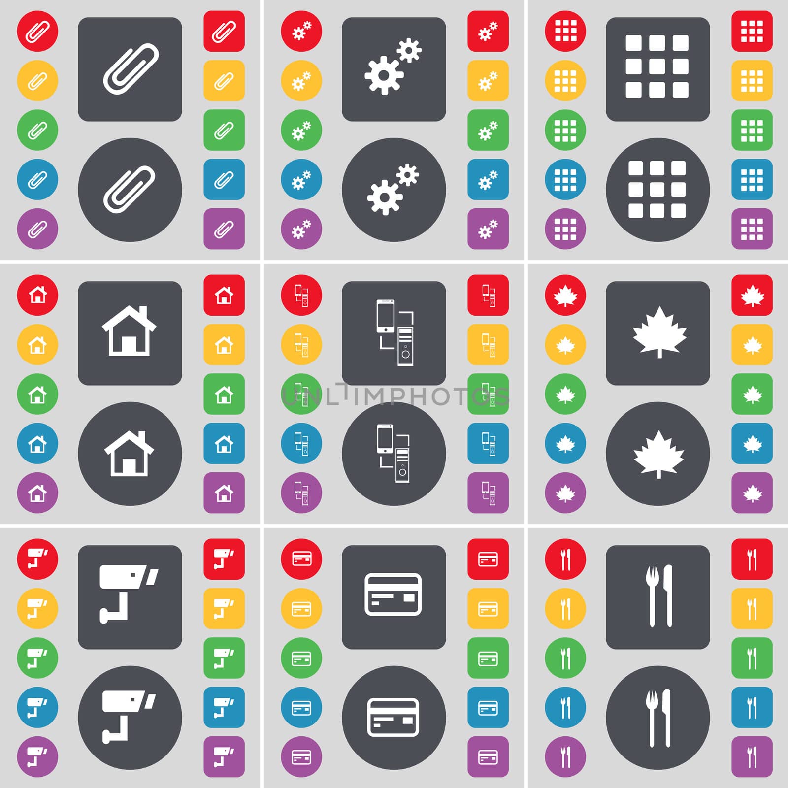 Clip, Gear, Apps, House, Connection, Maple leaf, CCTV, Credit card, Fork and knife icon symbol. A large set of flat, colored buttons for your design.  by serhii_lohvyniuk