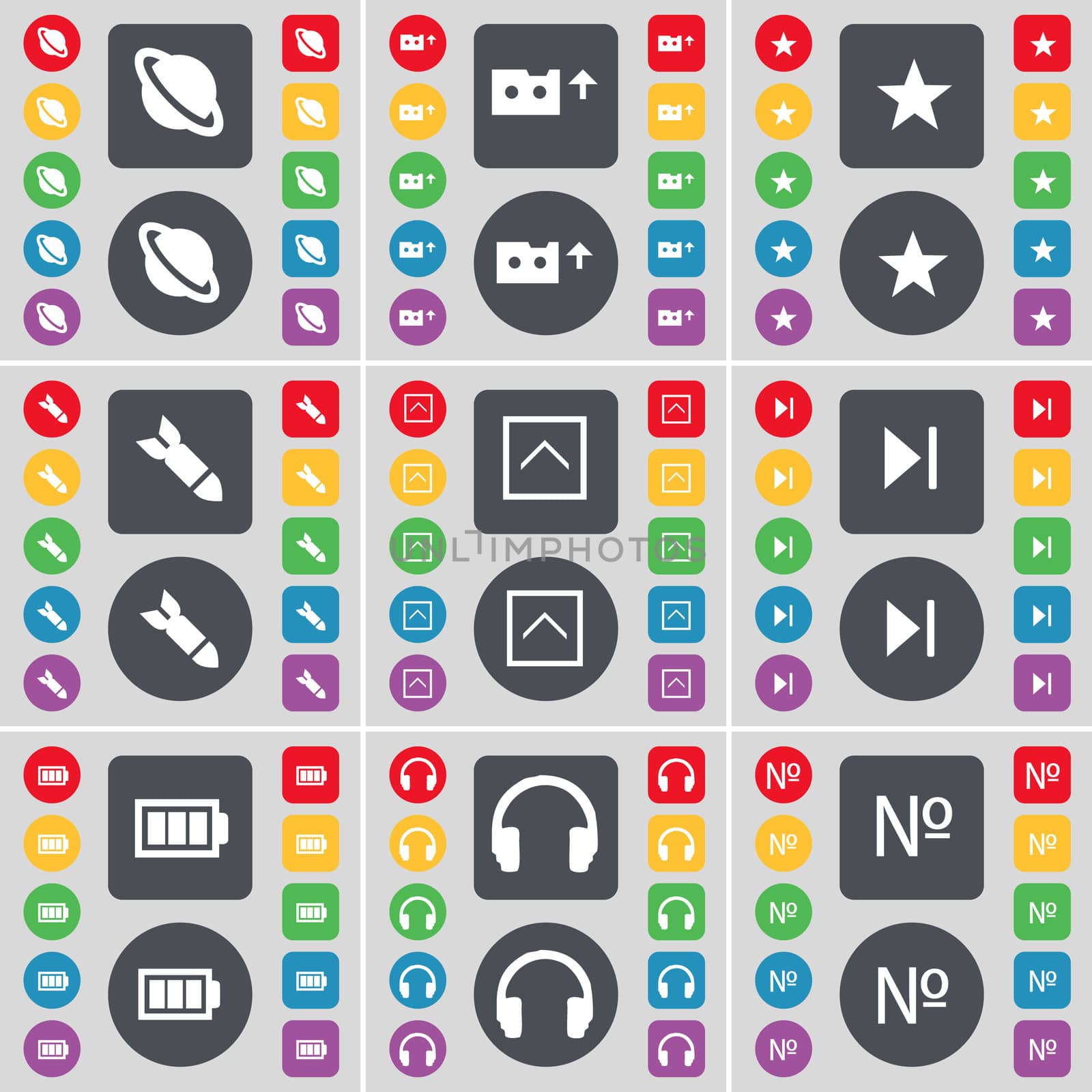 Planet, Cassette, Star, Rocket, Arrow up, Media skip, Battery, Headphones, Number icon symbol. A large set of flat, colored buttons for your design. illustration