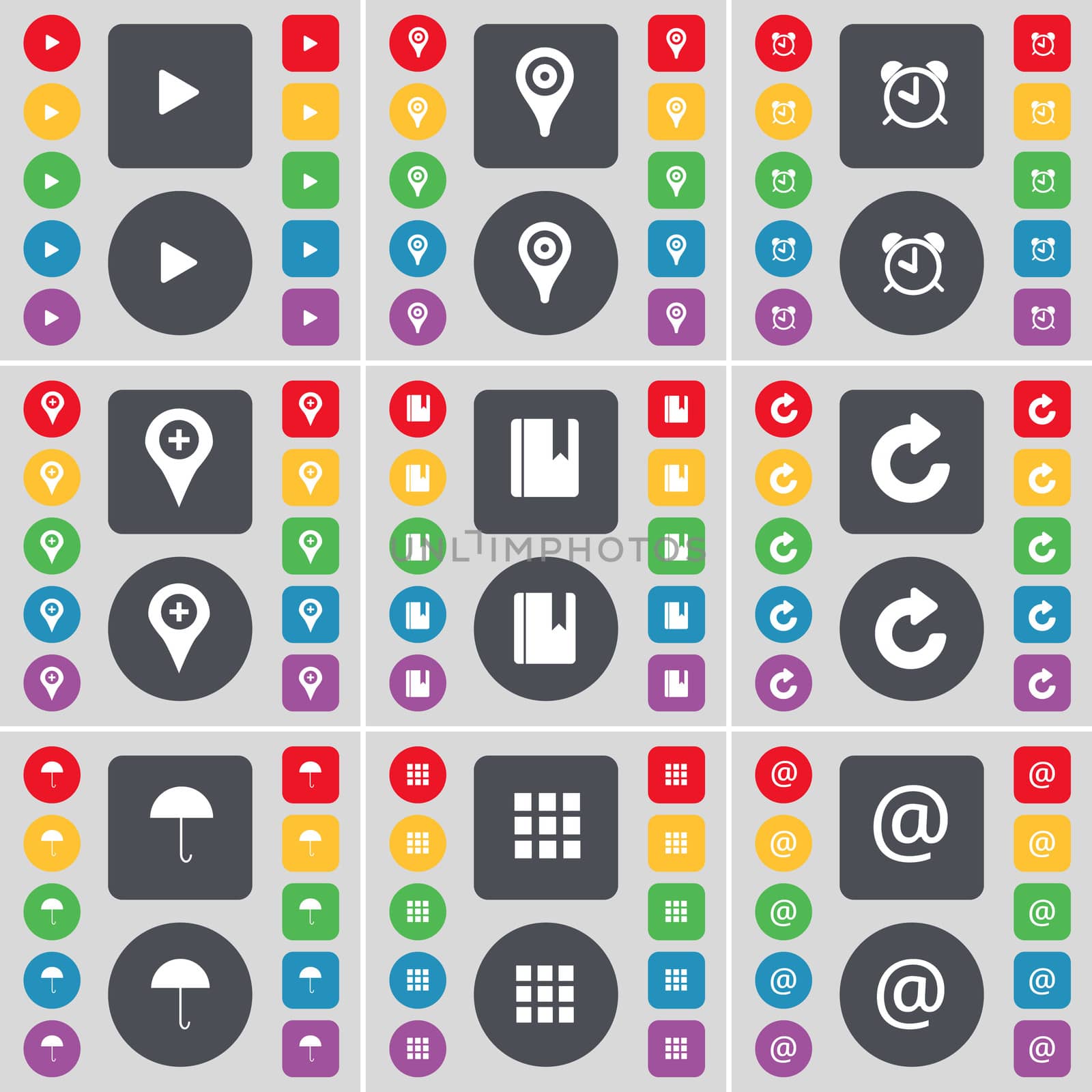 Media play, Checkpoint, Alarm clock, Checkpoint, Dictionary, Reload, Umbrella, Apps, Mail icon symbol. A large set of flat, colored buttons for your design. illustration