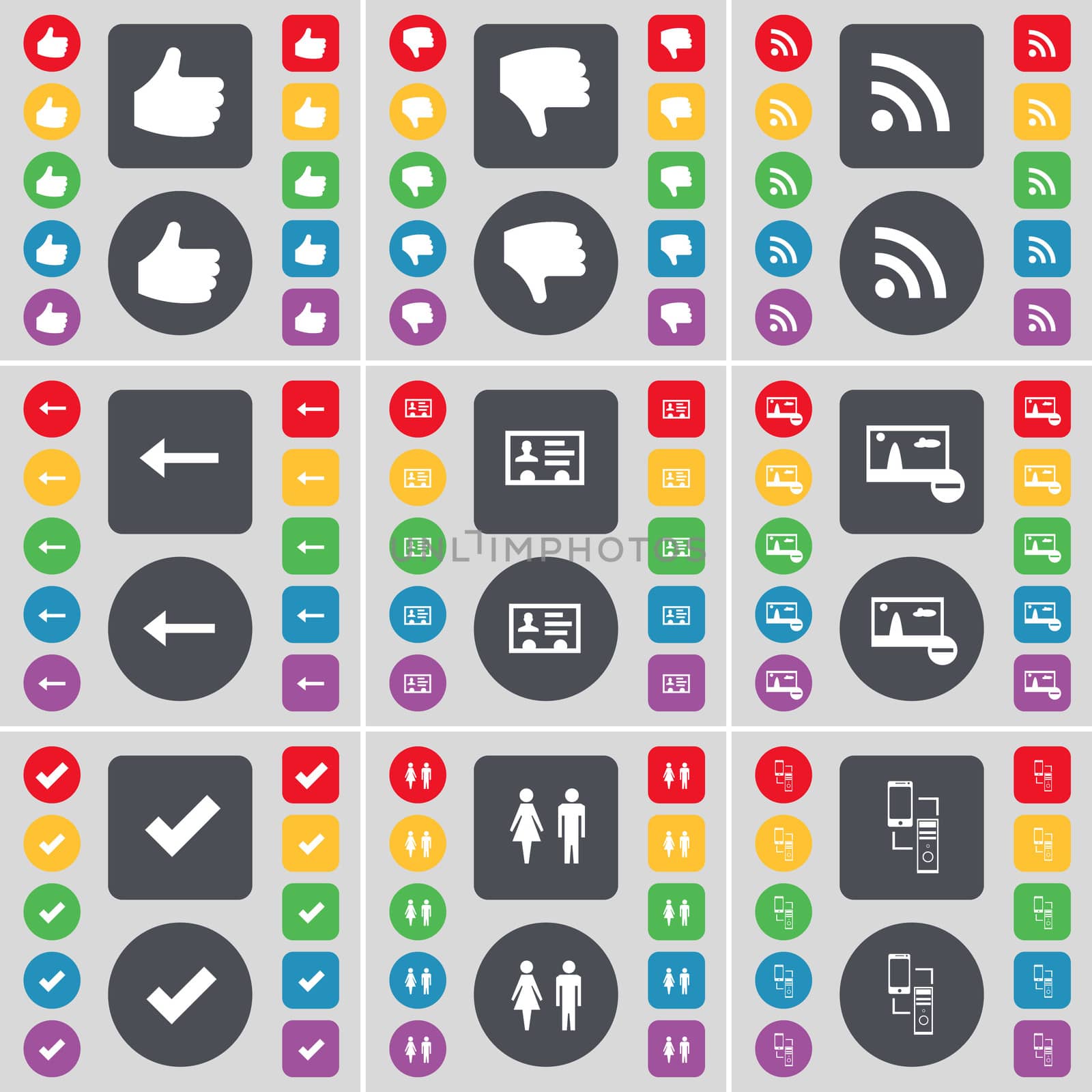 Like, Dislike, RSS, Arrow left, Contact, Picture, Tick, Silhouette, Connection icon symbol. A large set of flat, colored buttons for your design. illustration