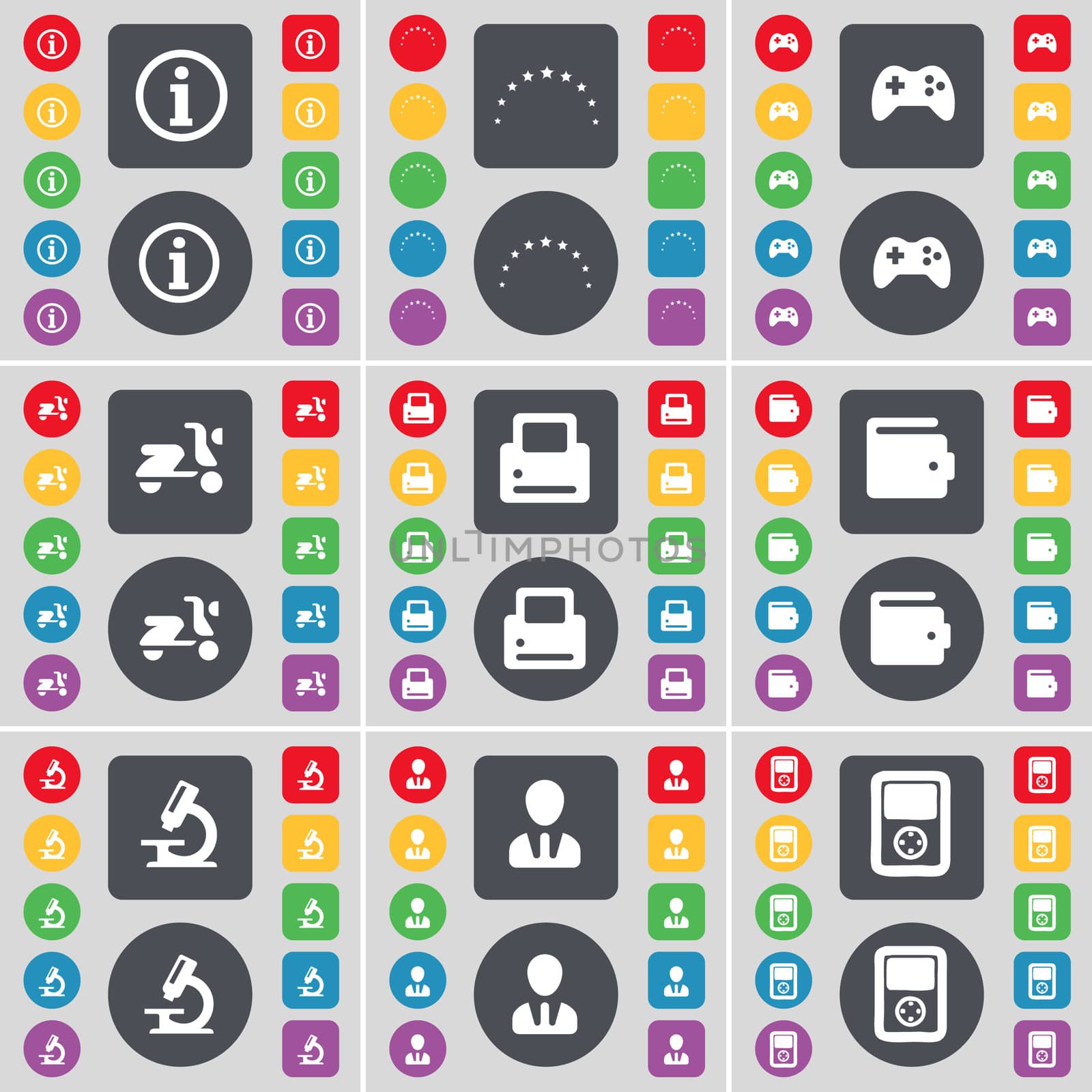 Information, Stars, Gamepad, Scooter, Printer, Wallet, Microscope, Avatar, Player icon symbol. A large set of flat, colored buttons for your design. illustration