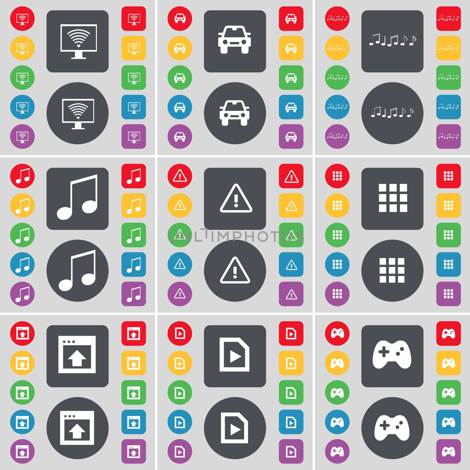 Monitor, Car, Notes, Warning, Apps, Window, Media file, Gamepad icon symbol. A large set of flat, colored buttons for your design. illustration