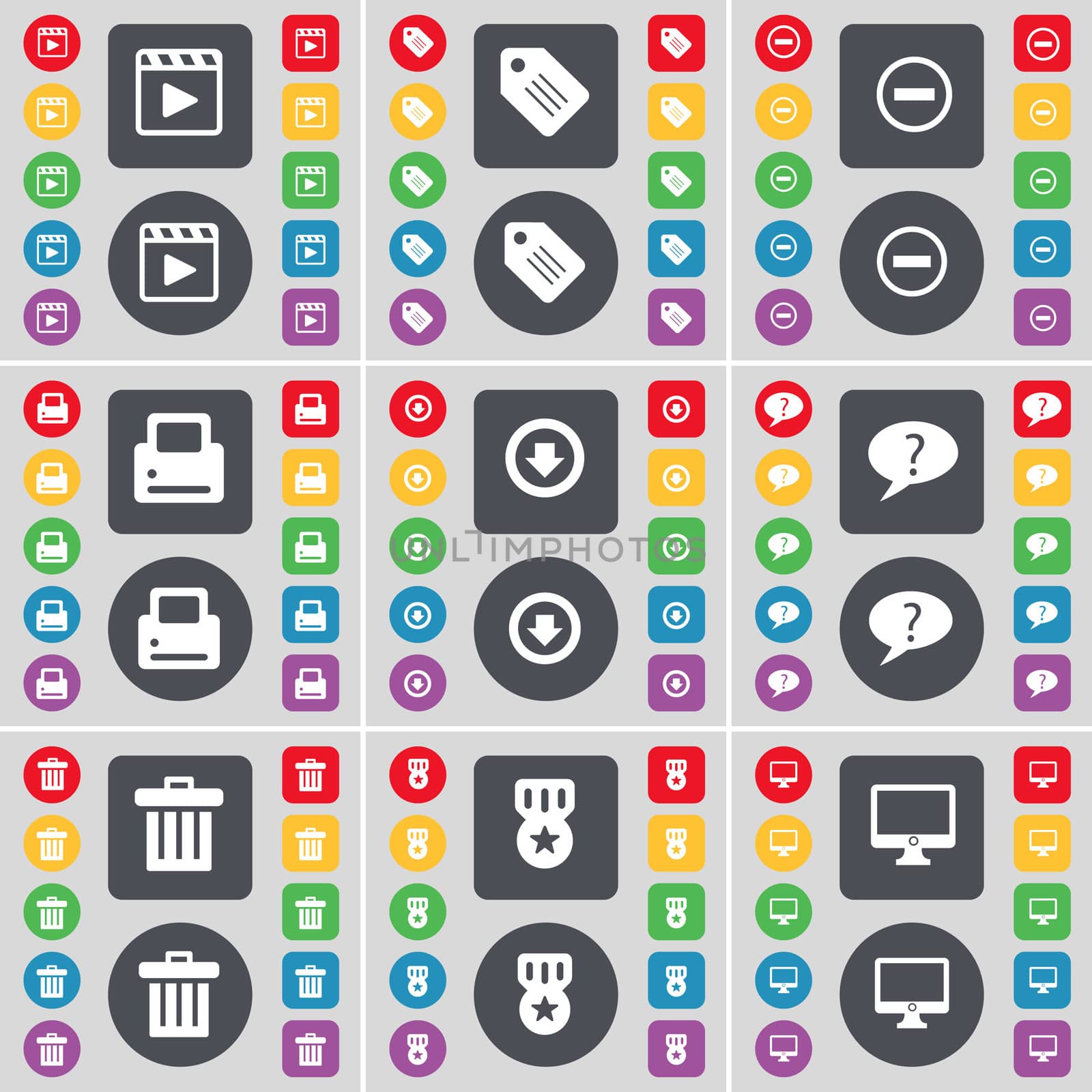Media player, Tag, Minus, Printer, Arrow down, Chat bubble, Trash can, Medal, Monitor icon symbol. A large set of flat, colored buttons for your design. illustration