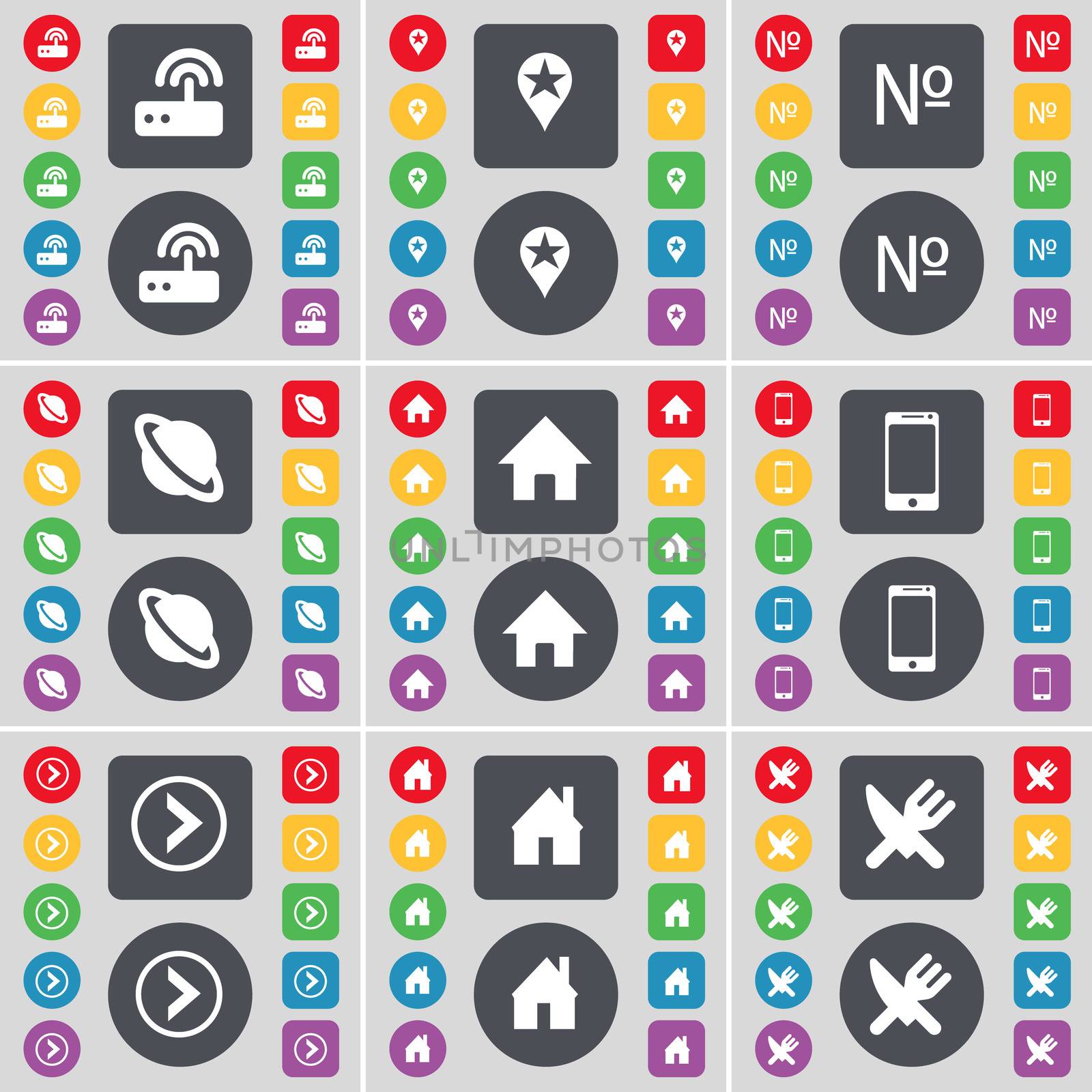 Router, Checkpoint, Number, Planet, House, Smartphone, Arrow right, House, Fork and knife icon symbol. A large set of flat, colored buttons for your design. illustration