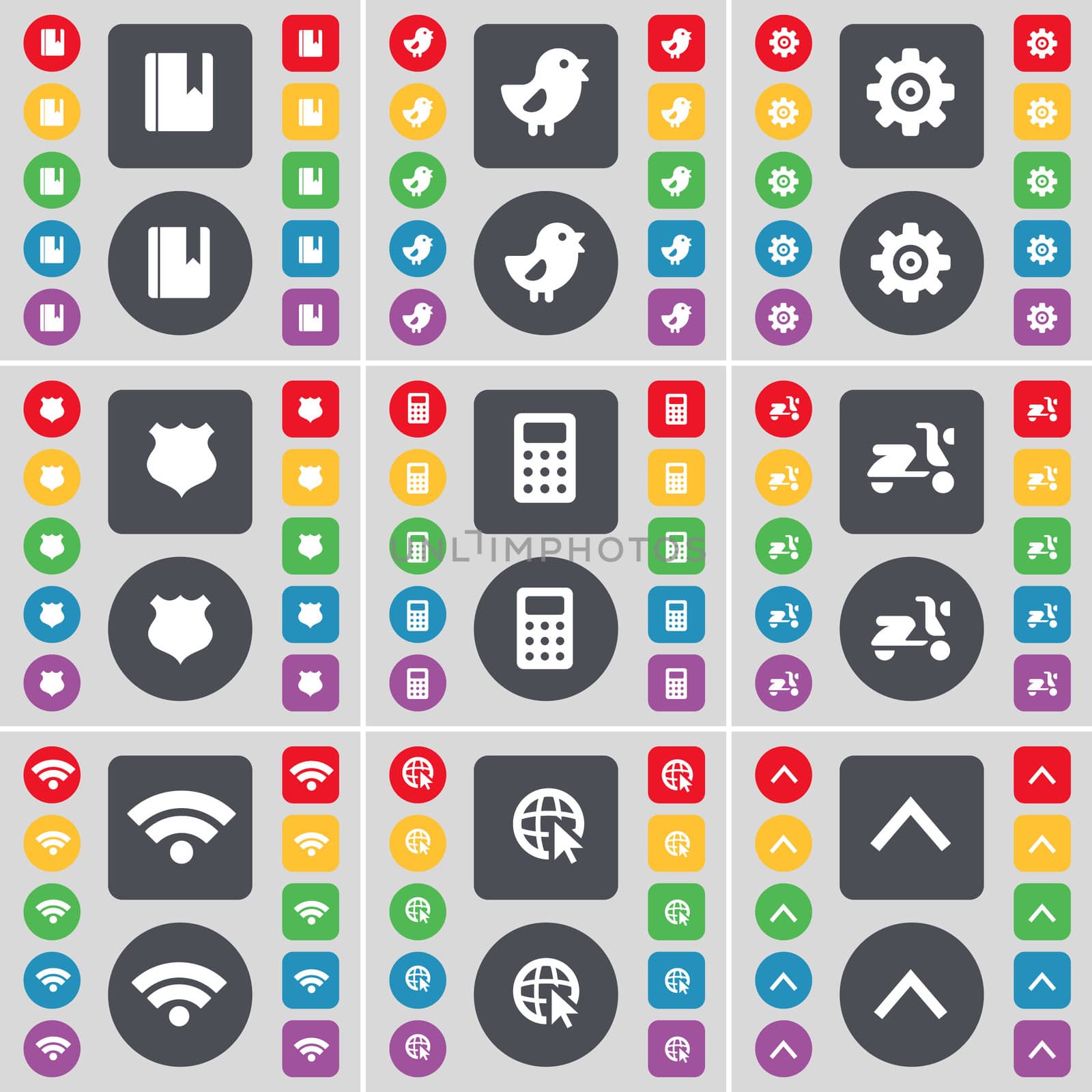 Dictionary, Bird, Gear, Police badge, Calculator, Scooter, Wi-Fi, Web cursor, Arrow up icon symbol. A large set of flat, colored buttons for your design. illustration