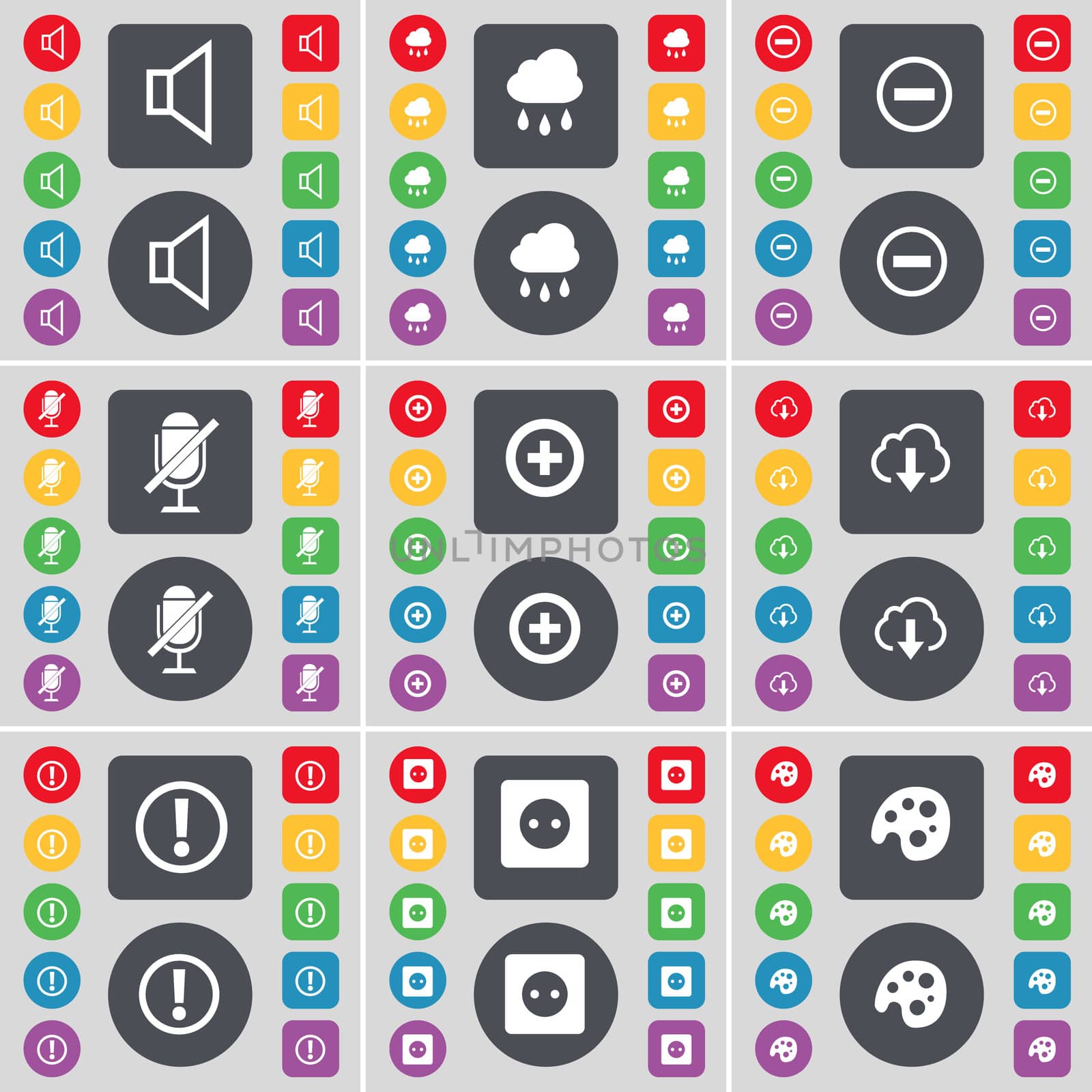 Sound, Cloud, Minus, Microphone, Plus, Cloud, Exclamation mark, Socket, Palette icon symbol. A large set of flat, colored buttons for your design. illustration