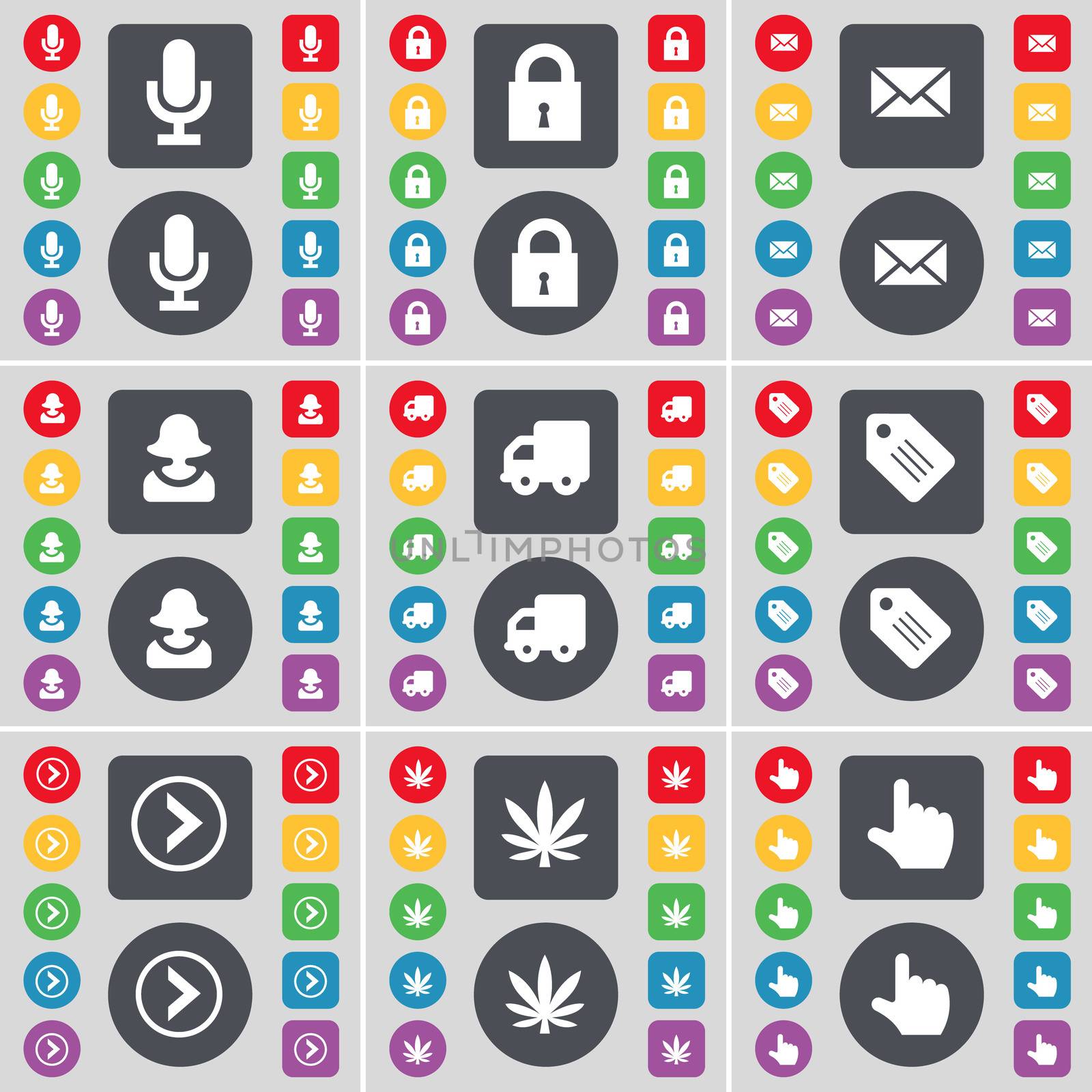Microphone, Lock, Message, Avatar, Truck, Tag, Arrow right, Marijuana, Hand icon symbol. A large set of flat, colored buttons for your design. illustration