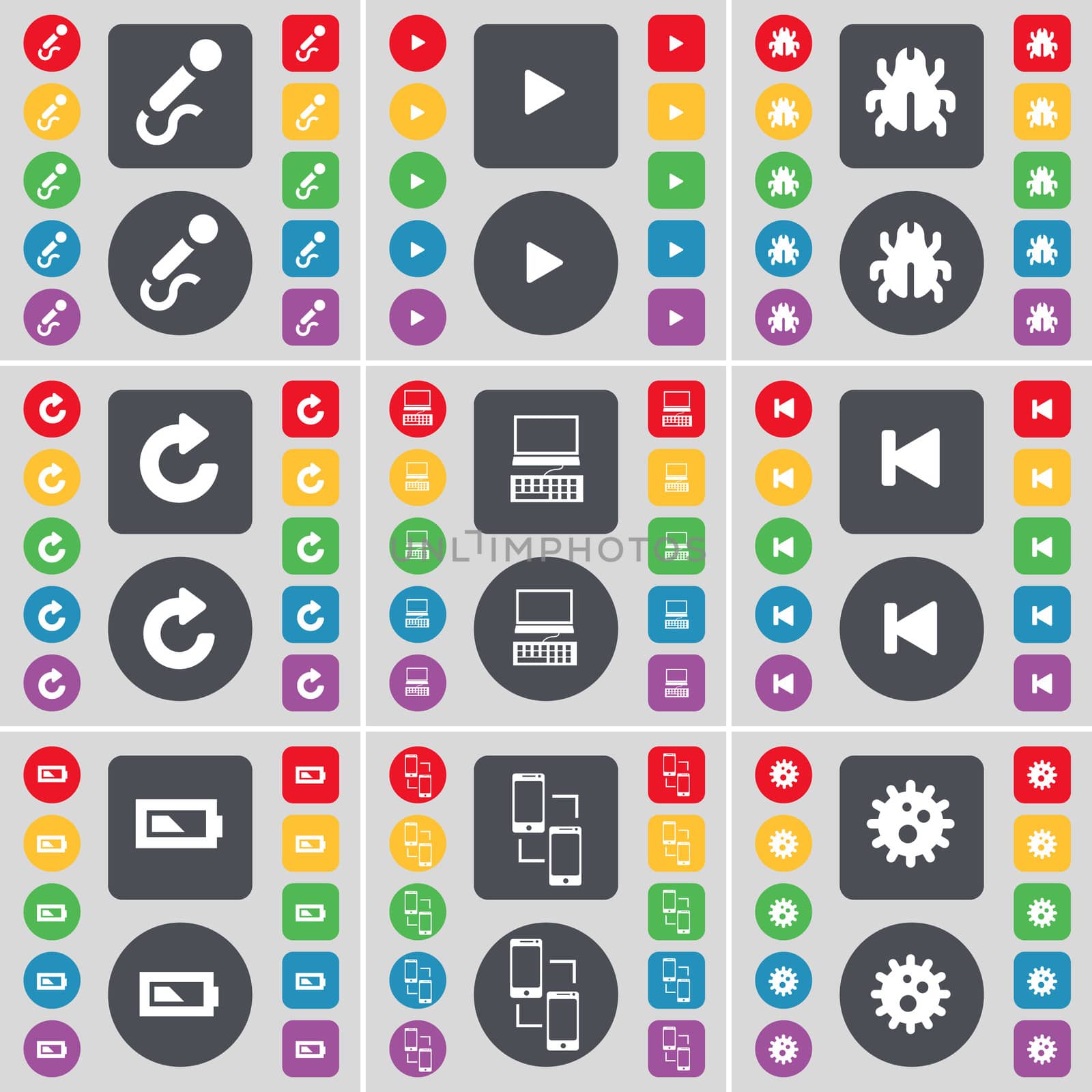 Microphone, Media play, Bug, Reload, Laptop, Media skip, Battery, Connection, Gear icon symbol. A large set of flat, colored buttons for your design.  by serhii_lohvyniuk