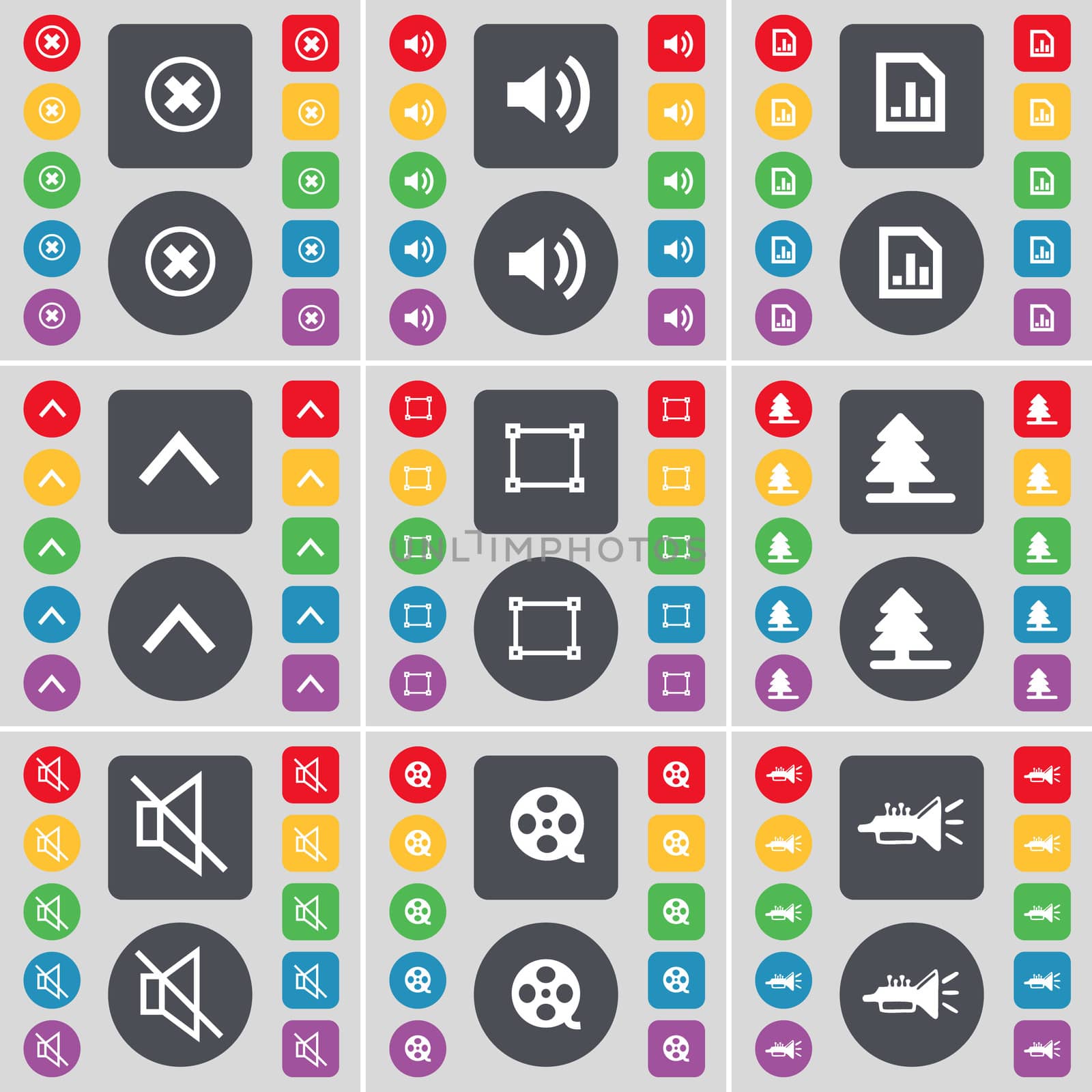 Stop, Sound, Graph file, Arrow up, Frame, Firtree, Mute, Videotape, Trumped icon symbol. A large set of flat, colored buttons for your design.  by serhii_lohvyniuk