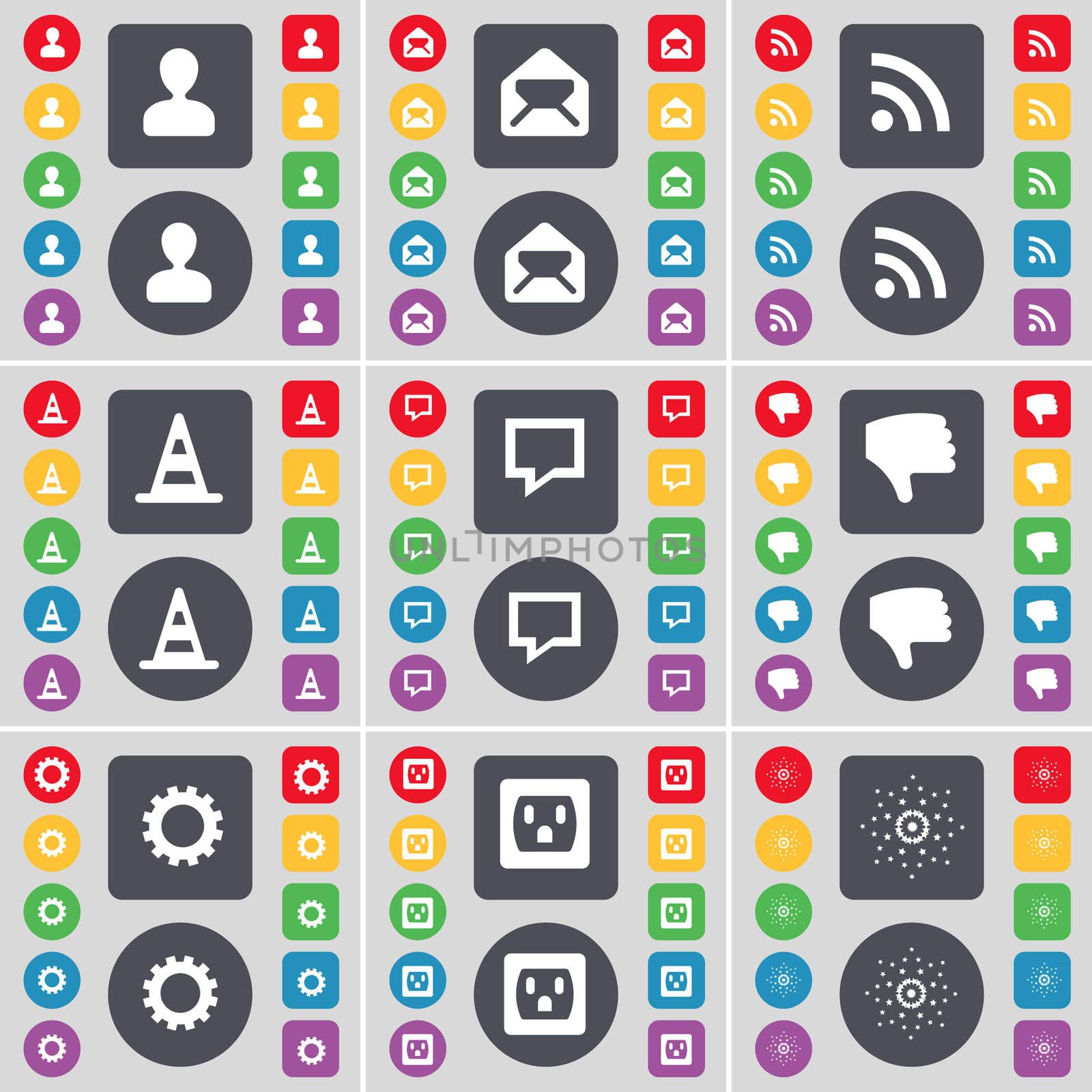 Avatar, Message, RSS, Cone, Chat bubble, Dislike, Gear, Socket, icon symbol. A large set of flat, colored buttons for your design.  by serhii_lohvyniuk