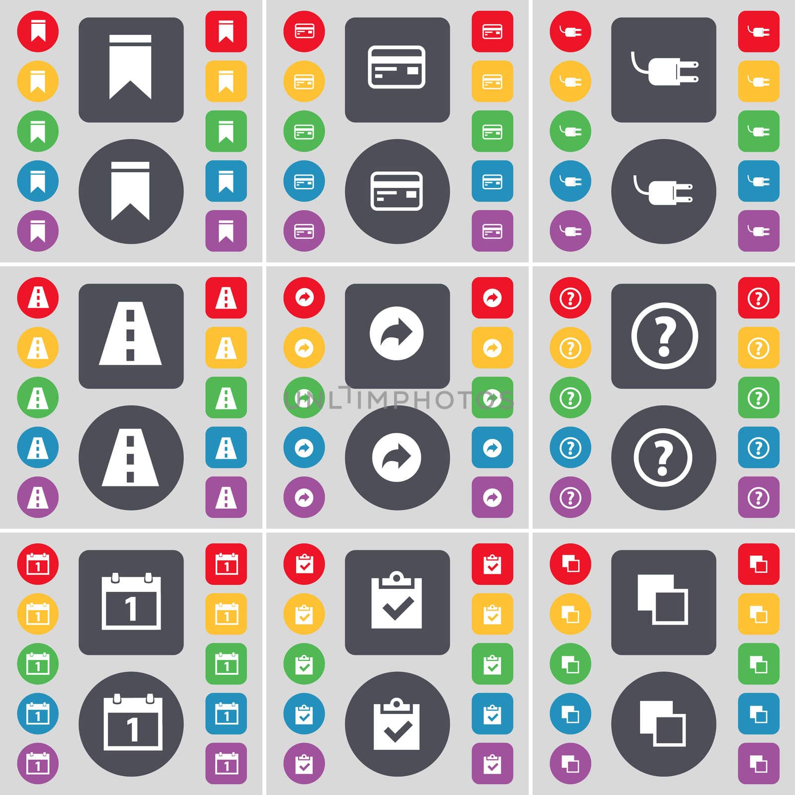 Marker, Credit, Socket, Road, Back, Question mark, Calendar, Sur icon symbol. A large set of flat, colored buttons for your design.  by serhii_lohvyniuk
