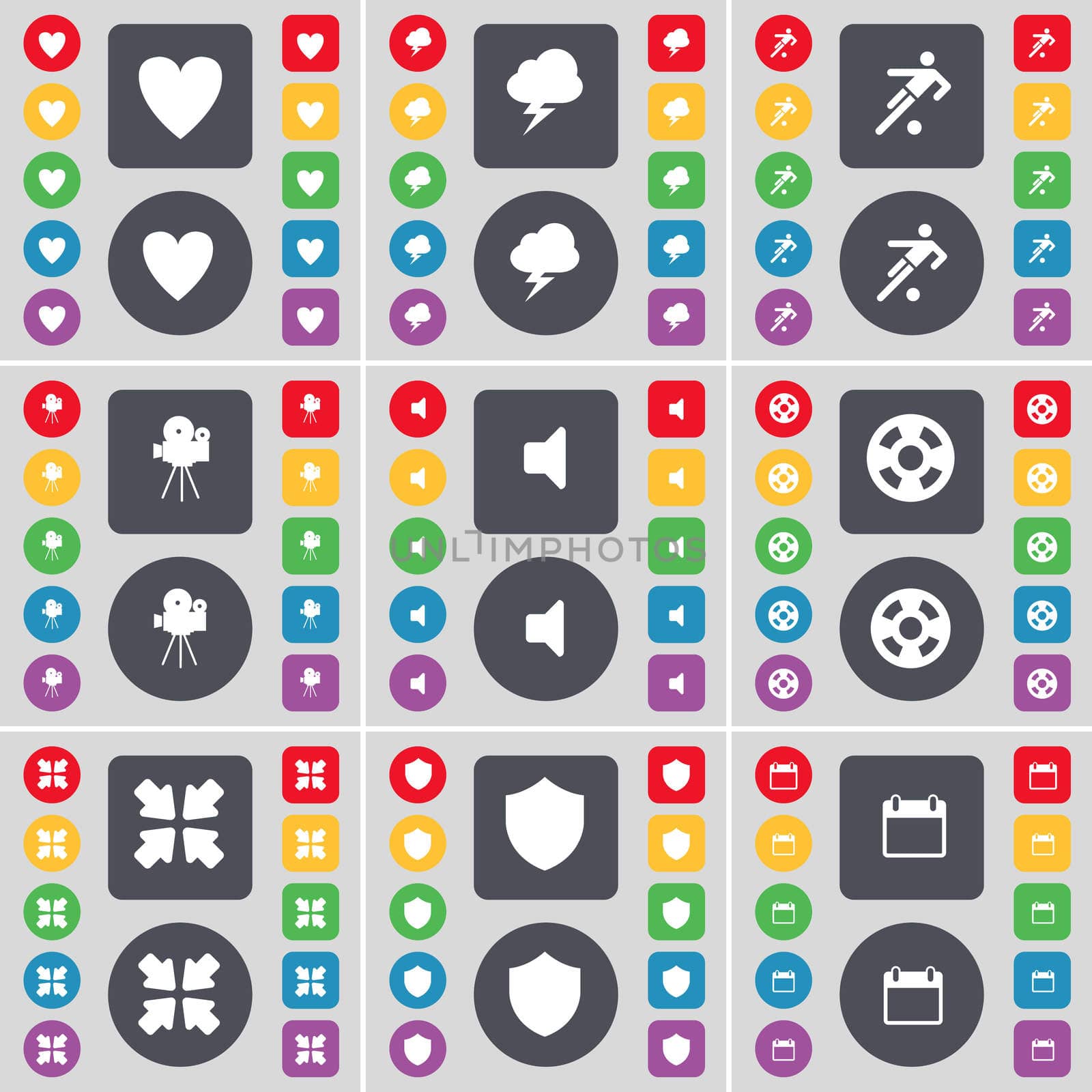 Heart, Lightning, Football, Film camera, Sound, Videotape, Deploying screen, Badge, Calendar icon symbol. A large set of flat, colored buttons for your design. illustration