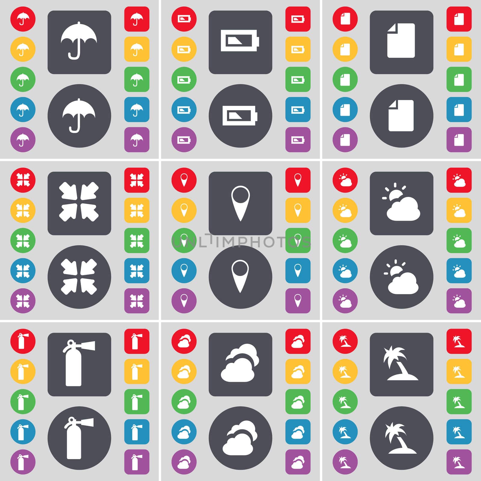 Umbrella, Battery, File, Deploying screen, Checkpoint, Cloud, Fi icon symbol. A large set of flat, colored buttons for your design.  by serhii_lohvyniuk