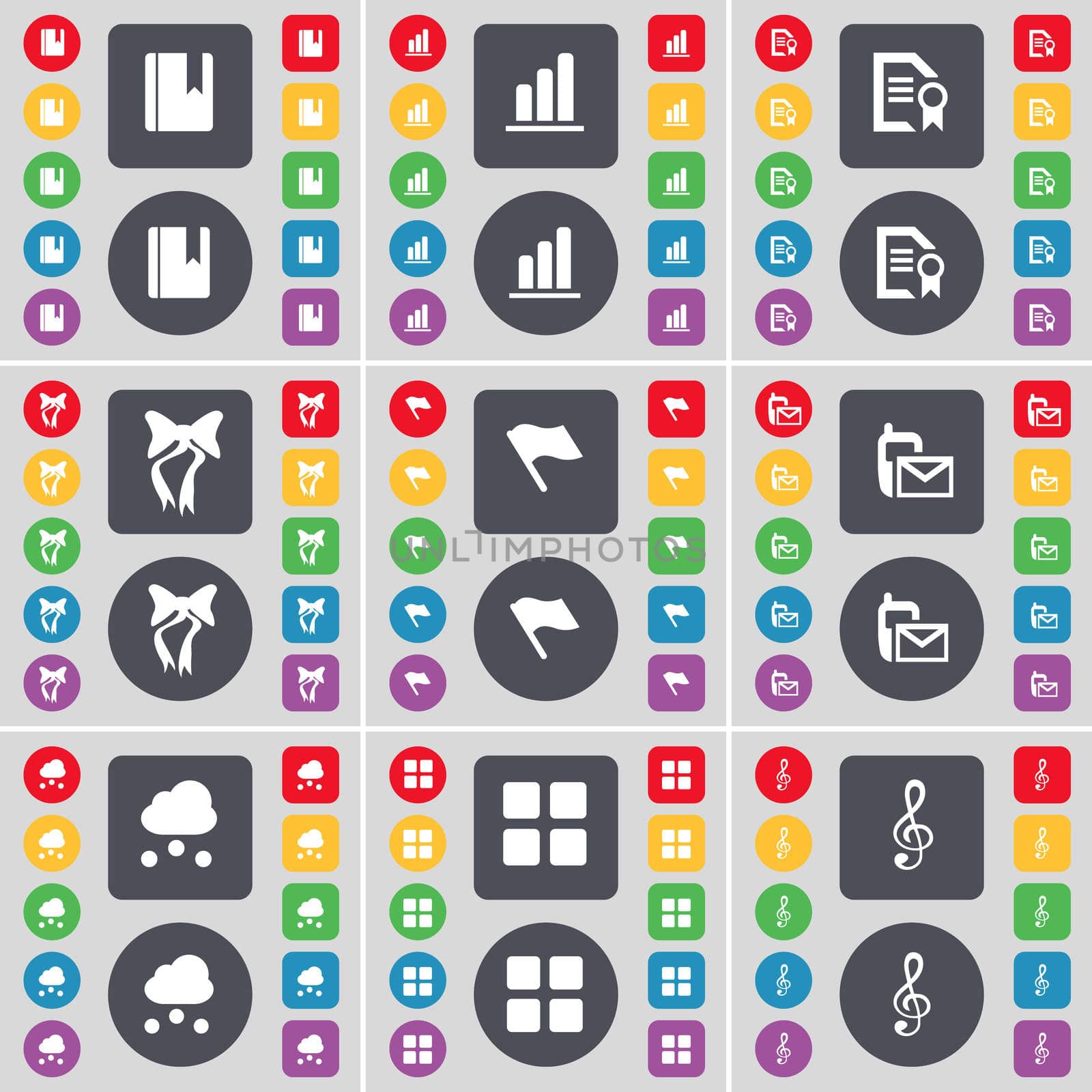 Dictionary, Diagram, Text file, Bow, Flag, SMS, Cloud, Apps, Clef icon symbol. A large set of flat, colored buttons for your design. illustration