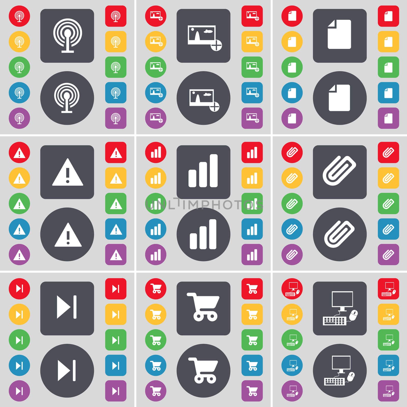 Wi-Fi, Picture, File, Warning, Diagram, Clip, Media skip, Shopping cart, PC icon symbol. A large set of flat, colored buttons for your design. illustration