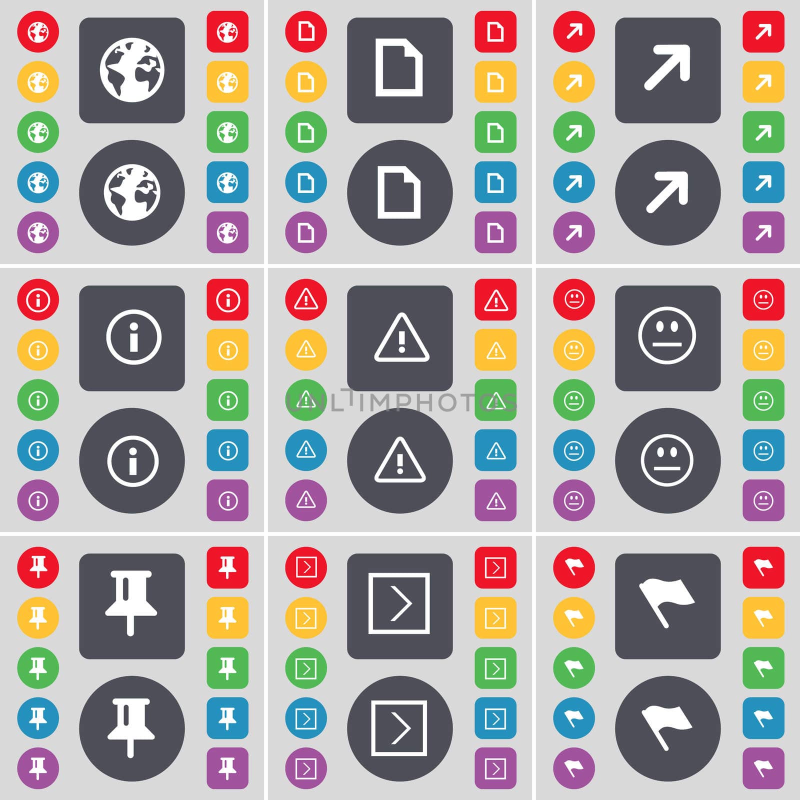 Earth, File, Full screen, Information, Warning, Smile, Pin, Arrow right, Flag icon symbol. A large set of flat, colored buttons for your design. illustration