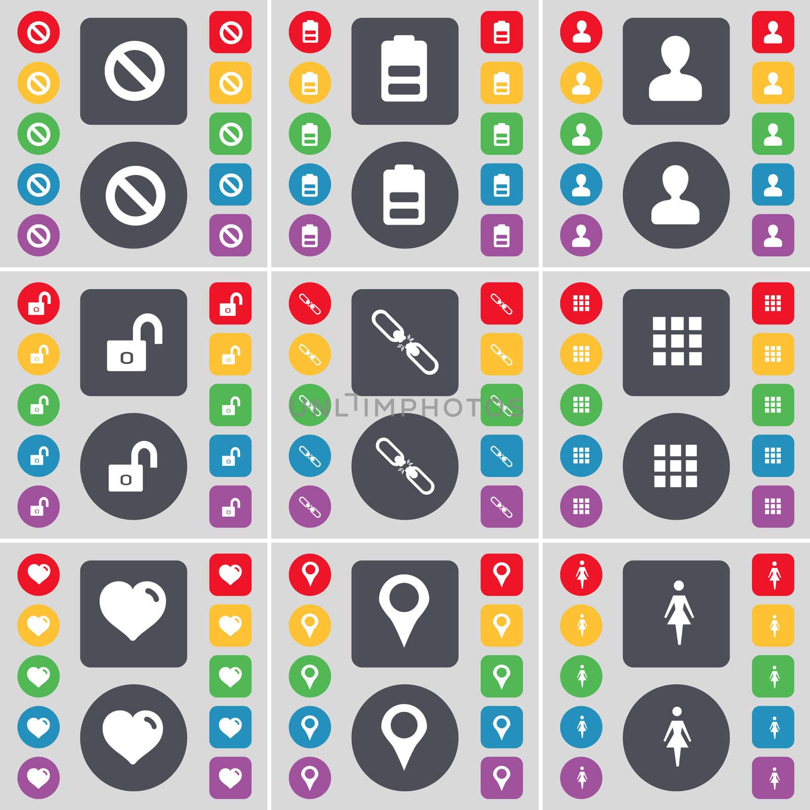 Stop, Battery, Avatar, Lock, Link, Apps, Heart, Checkpoint, Silhouette icon symbol. A large set of flat, colored buttons for your design. illustration