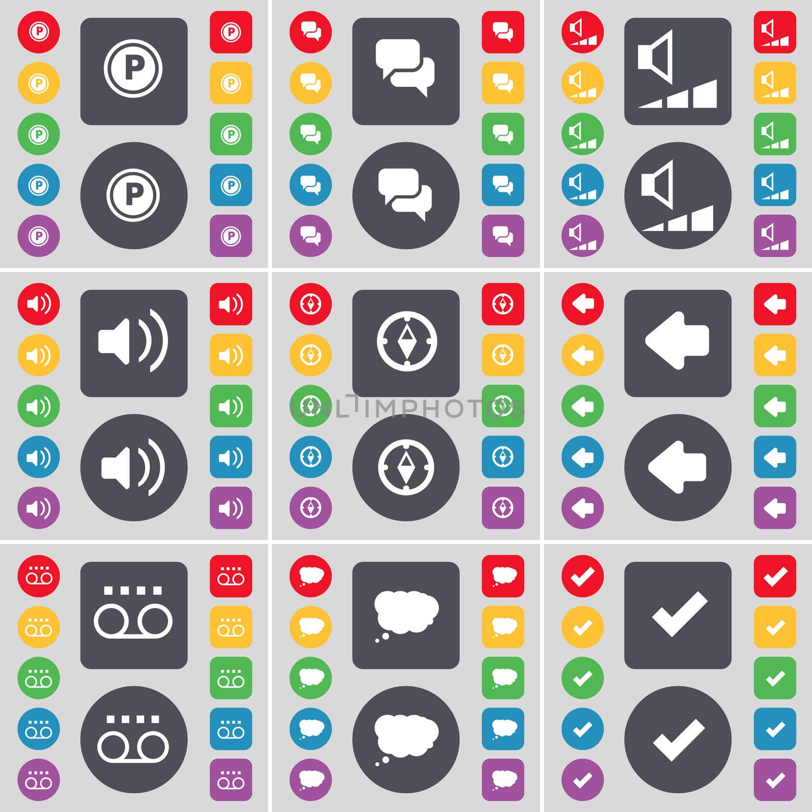 Parking, Chat, Volume, Sound, Compass, Arrow left, Cassette, Chat cloud, Tick icon symbol. A large set of flat, colored buttons for your design. illustration