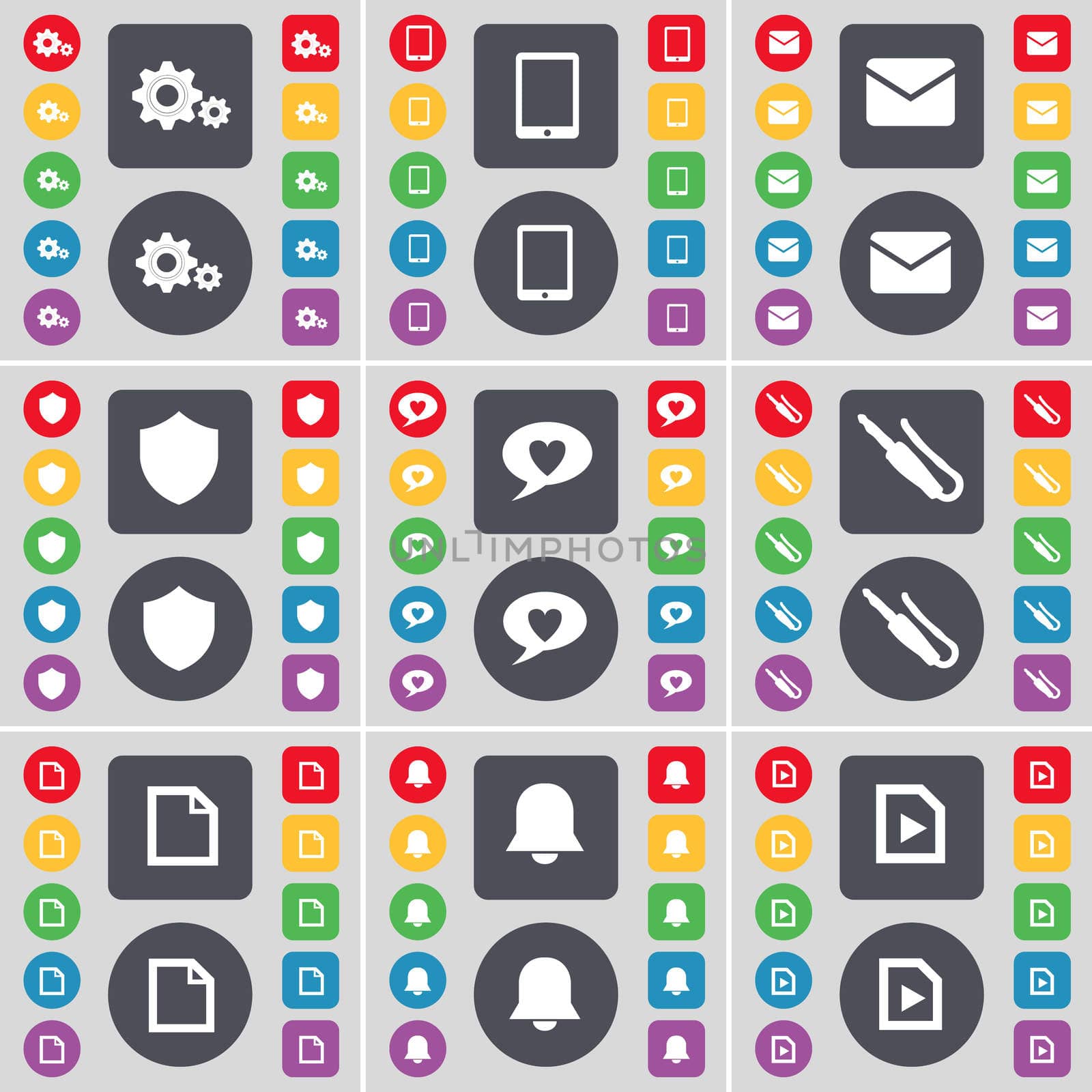 Gear, Tablet PC, Message, Badge, Chat bubble, Microphone connector, File, Notification, Music file icon symbol. A large set of flat, colored buttons for your design. illustration
