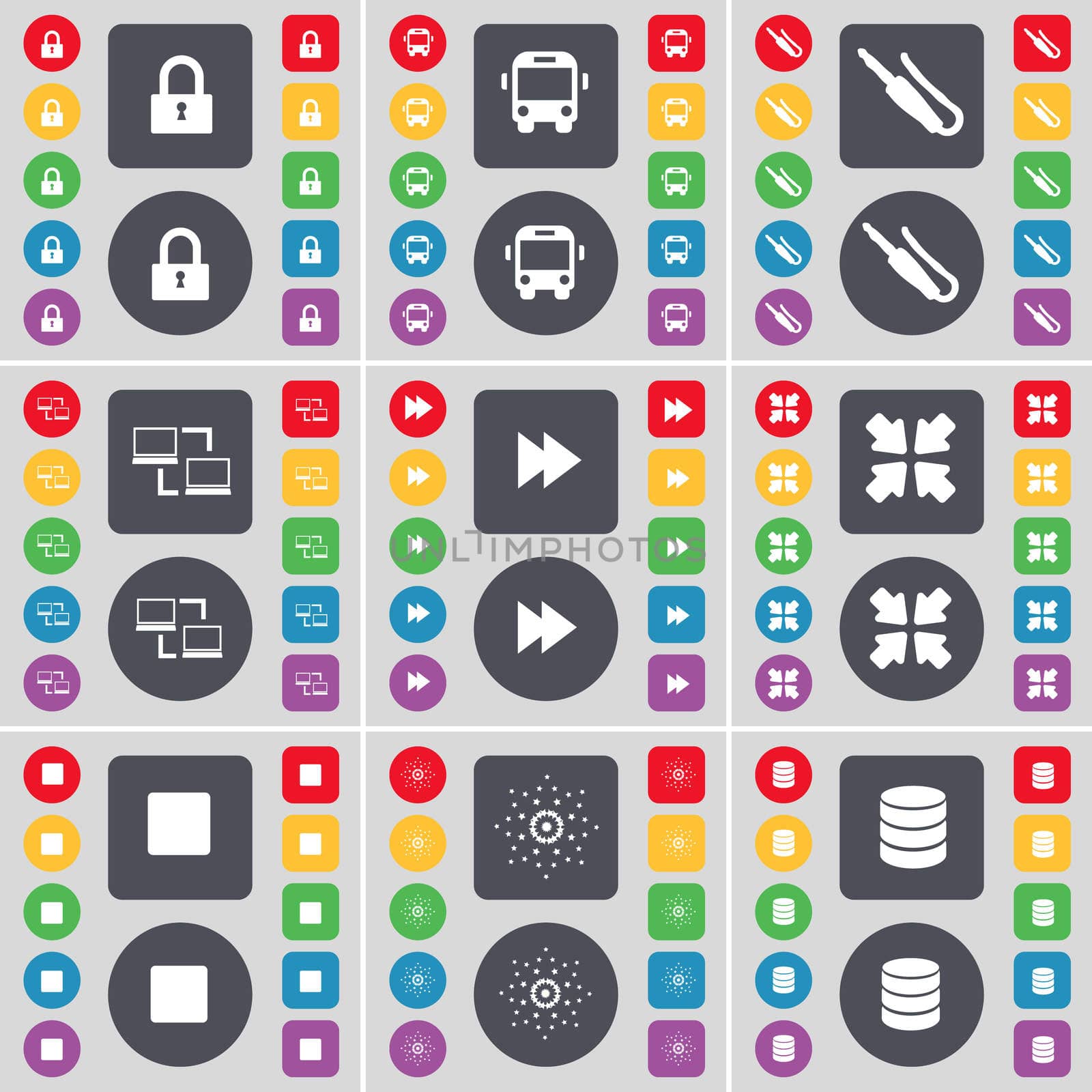 Lock, Bus, Microphone connector, Connection, Rewind, Deploying s icon symbol. A large set of flat, colored buttons for your design.  by serhii_lohvyniuk