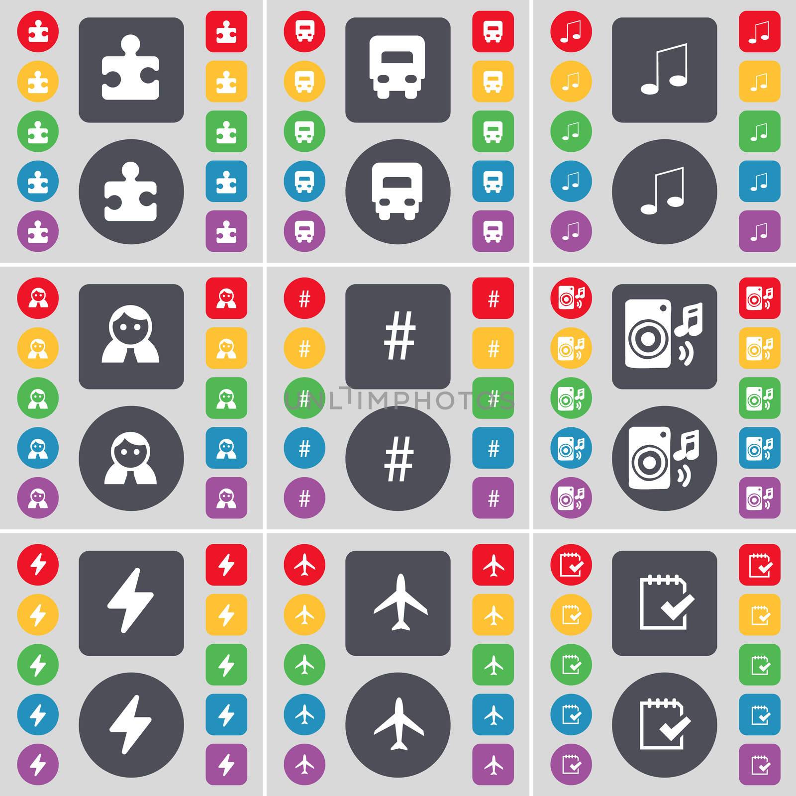 Puzzle, Truck, Note, Avatar, Hashtag, Speaker, Flash, Airplane, Tick icon symbol. A large set of flat, colored buttons for your design. illustration