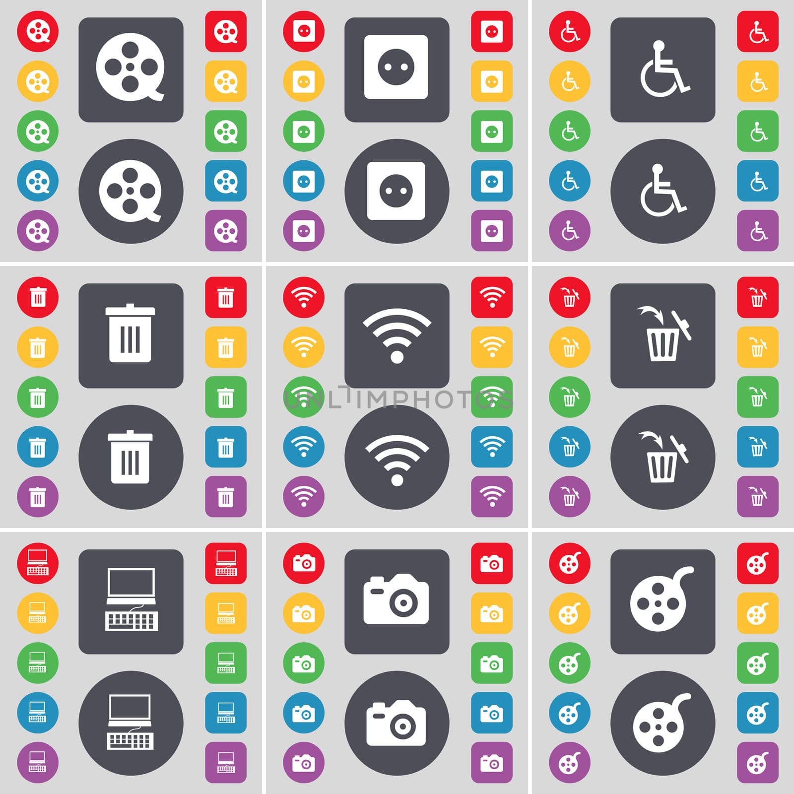 Videotape, Socket, Disabled person, Trash can, Wi-Fi, Laptop, Camera icon symbol. A large set of flat, colored buttons for your design. illustration