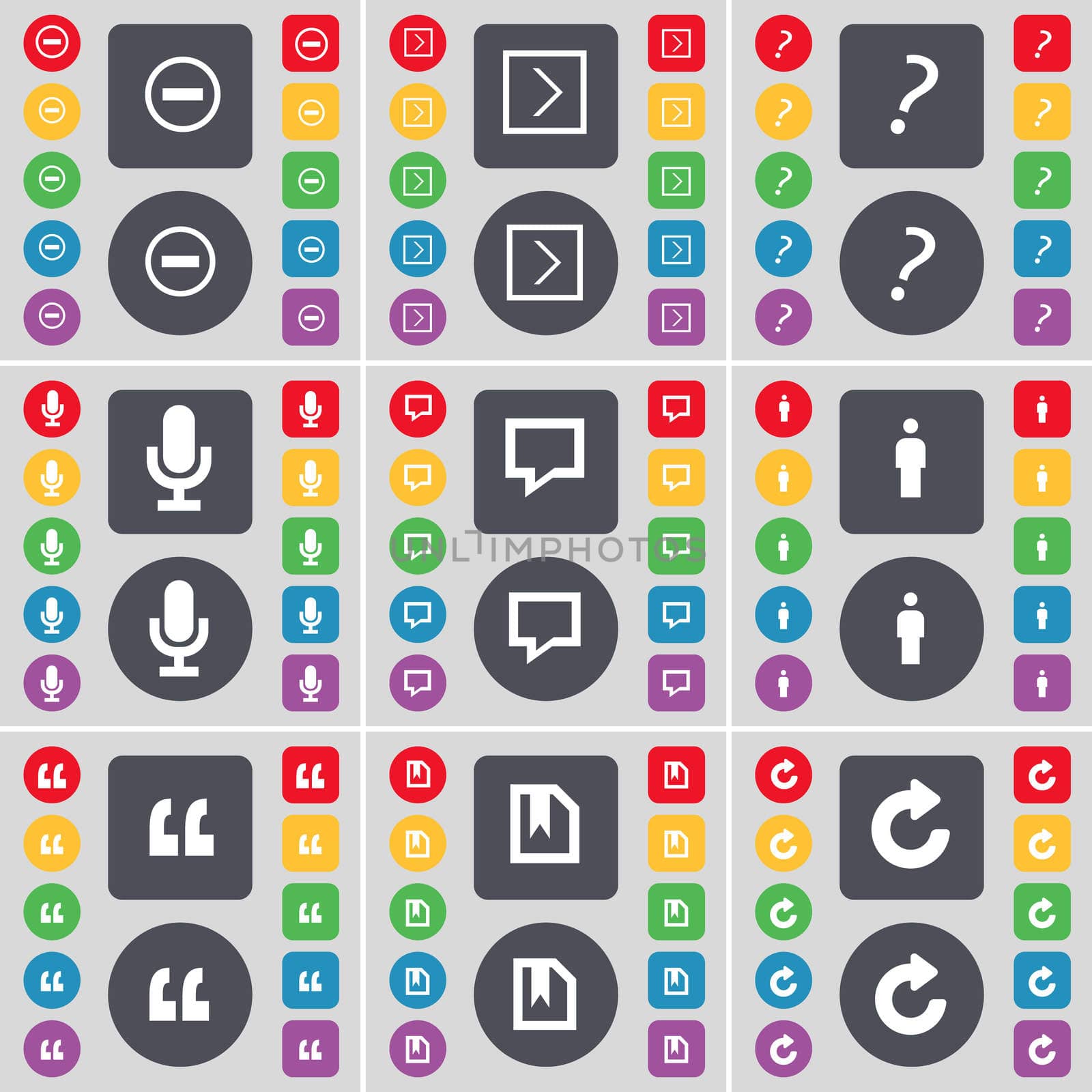 Minus, Arrow right, Question mark, Microphone, Chat bubble, Silh icon symbol. A large set of flat, colored buttons for your design.  by serhii_lohvyniuk