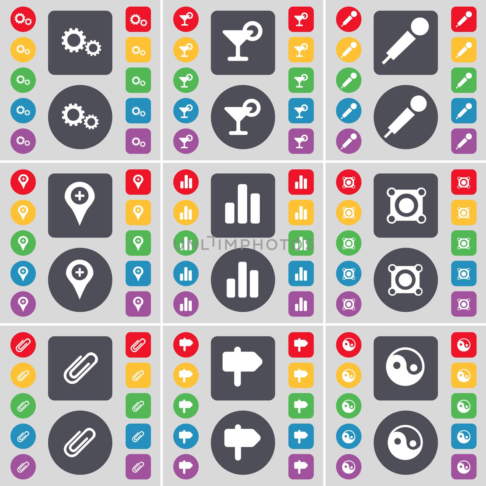 Gear, Cocktail, Microphone, Checkpoint, Diagram, Speaker, Clip, Signpost, Yin-Yang icon symbol. A large set of flat, colored buttons for your design. illustration