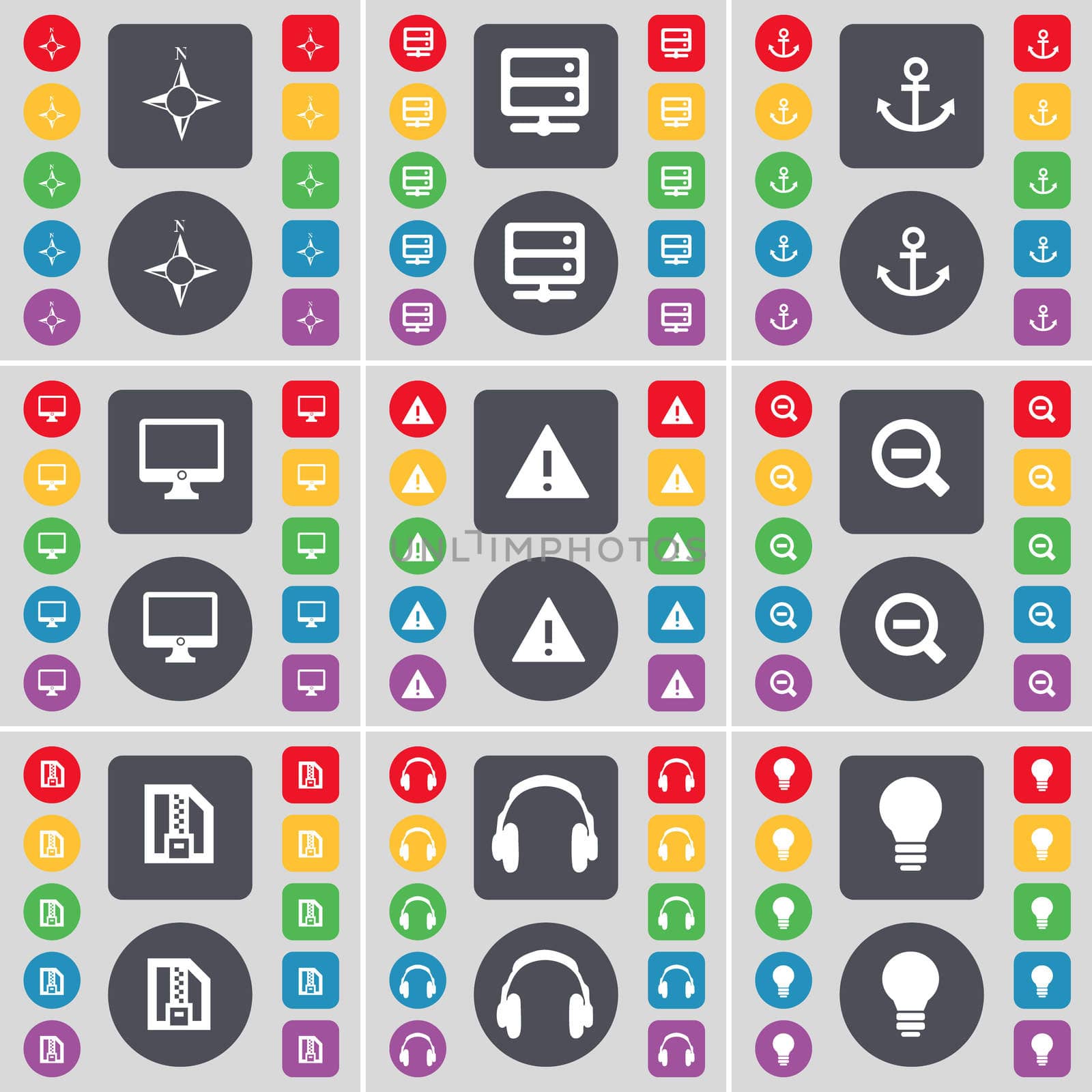 Compass, Server, Anchorr, Monitor, Warning, Magnifying glass, ZIP file, Headphones, Light bulb icon symbol. A large set of flat, colored buttons for your design. illustration