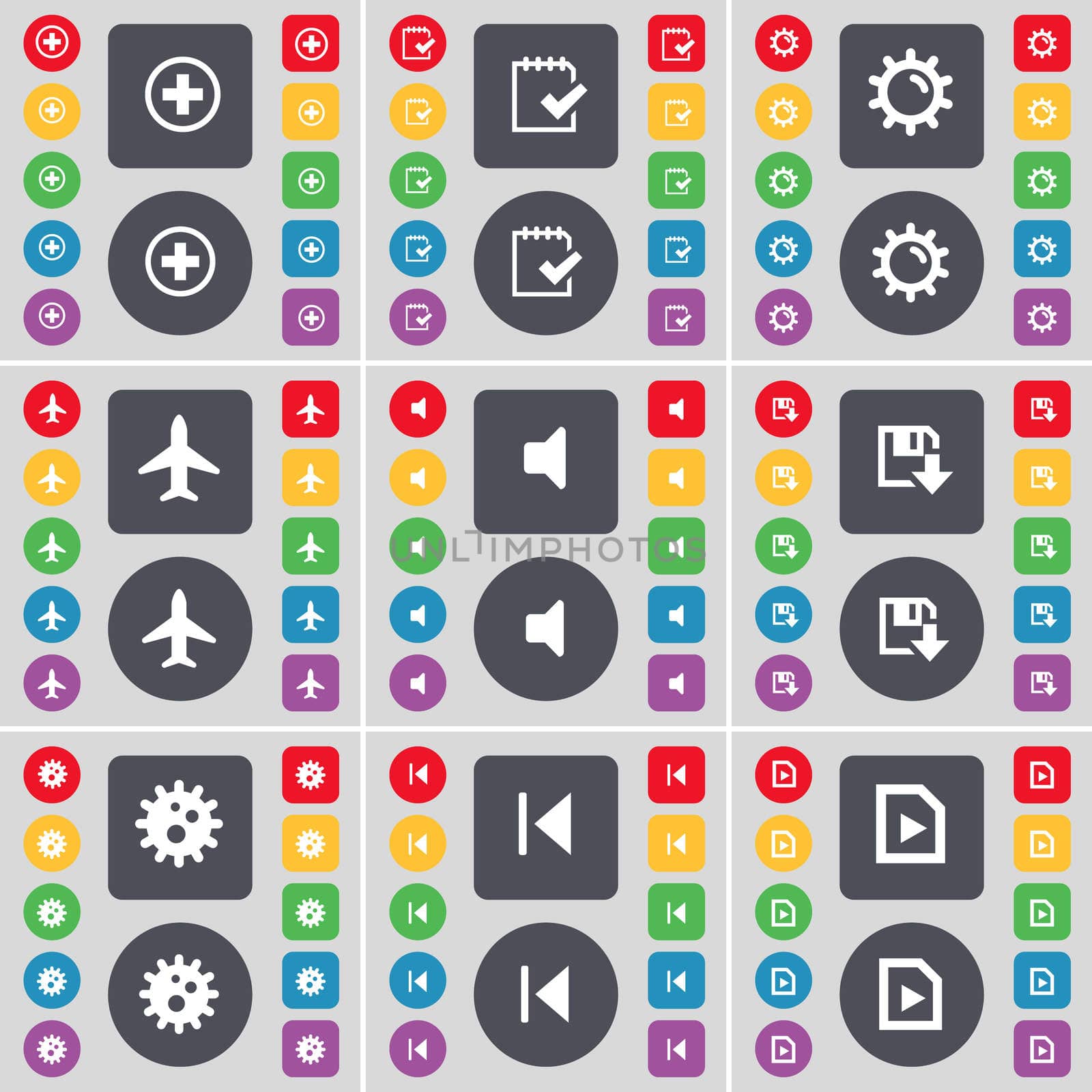 Plus, Survey, Gear, Airplane, Sound, Floppy, Gear, Media skip, M icon symbol. A large set of flat, colored buttons for your design.  by serhii_lohvyniuk