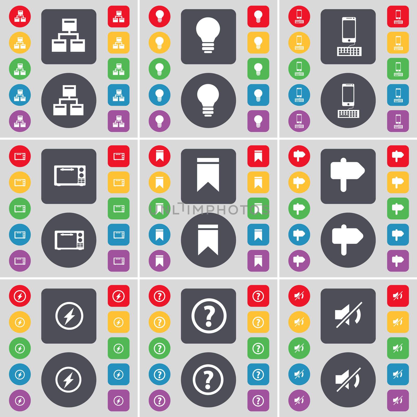 Network, Light bulb, Smartphone, Microwave, Marker, Signpost, Flash, Question mark, Mute icon symbol. A large set of flat, colored buttons for your design. illustration