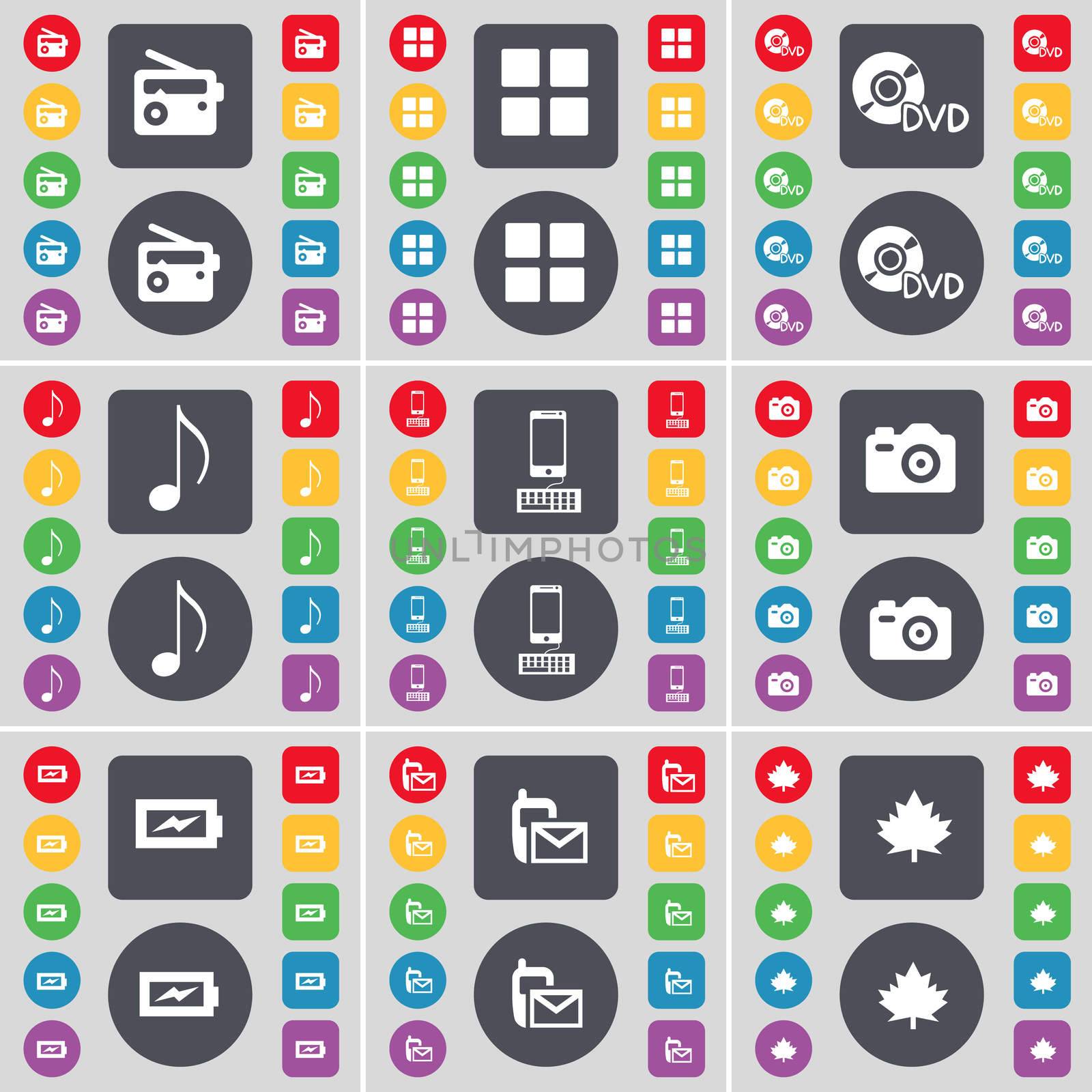 Radio, Apps, DVD, Note, Smartphone, Camera, Charging, SMS, Maple leaf icon symbol. A large set of flat, colored buttons for your design. illustration