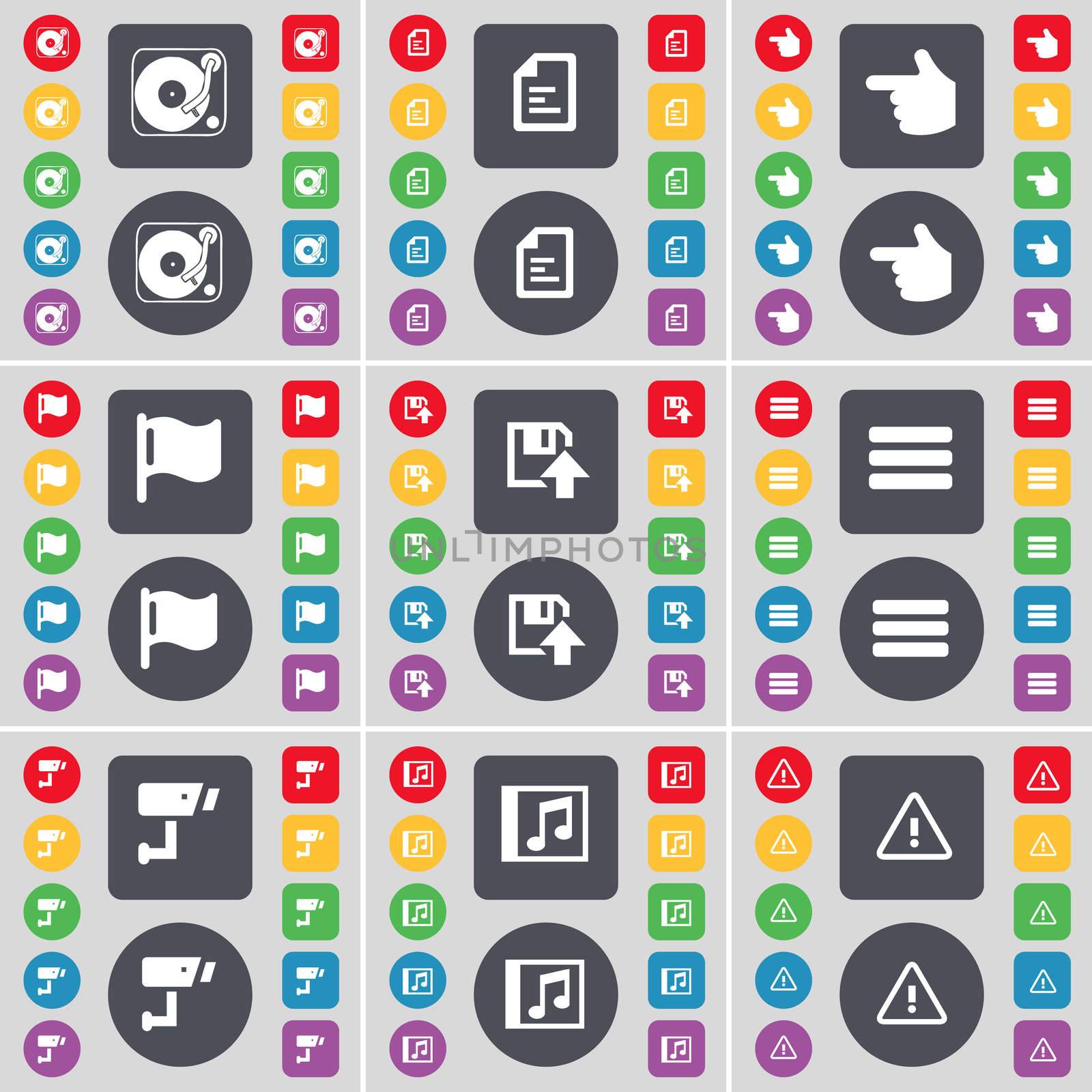 Gramophone, Text file, Hand, Flag tower, Floppy, Apps, CCTV, Mus icon symbol. A large set of flat, colored buttons for your design.  by serhii_lohvyniuk