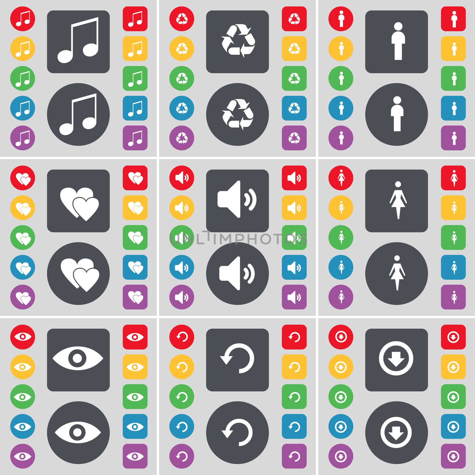 Note, Recycling, Silhouette, Heart, Sound, Silhouette, Vision, Reload, Arrow down icon symbol. A large set of flat, colored buttons for your design.  by serhii_lohvyniuk
