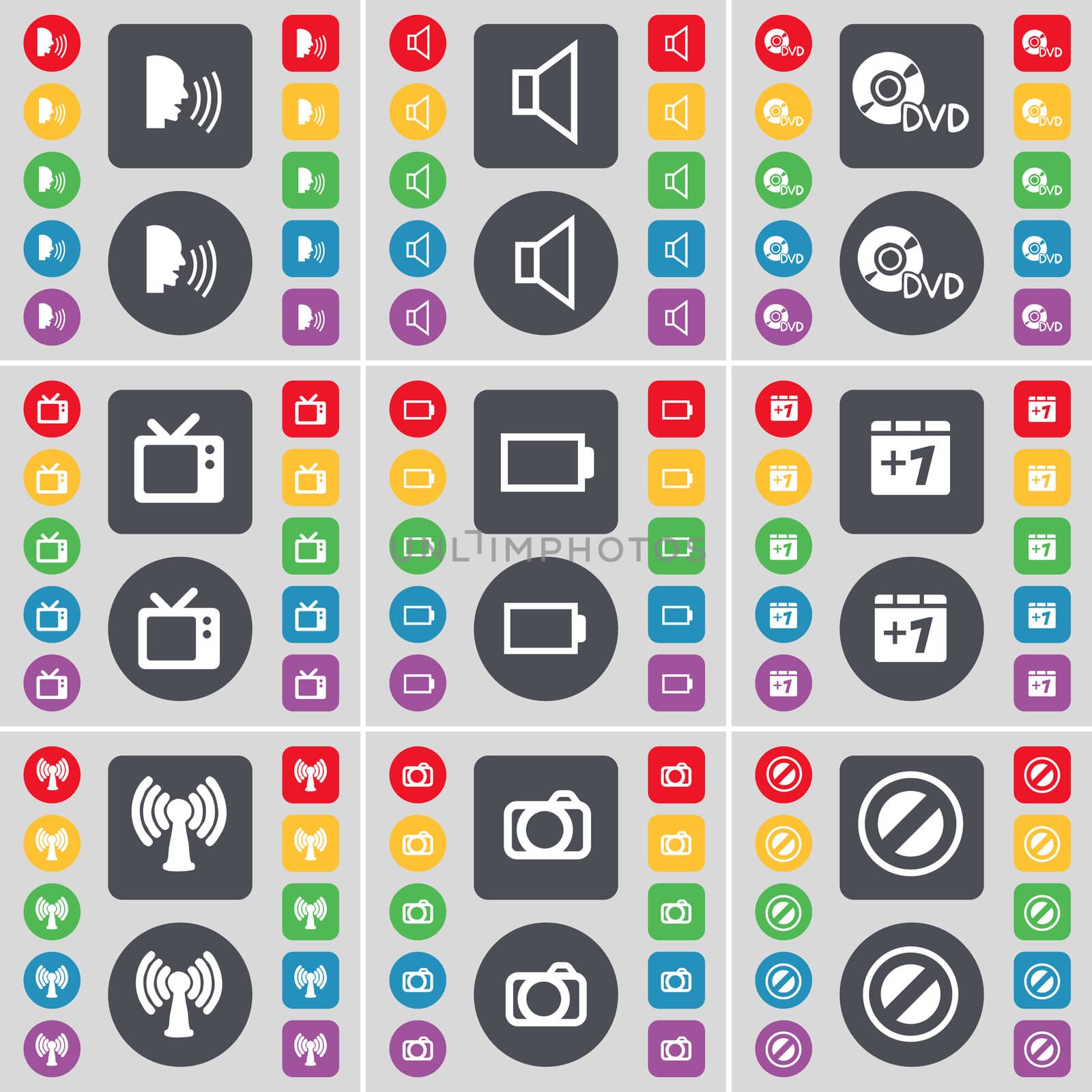 Talk, Sound, DVD, Retro TV, Battery, Plus one, Wi-Fi, Camera, Stop icon symbol. A large set of flat, colored buttons for your design. illustration