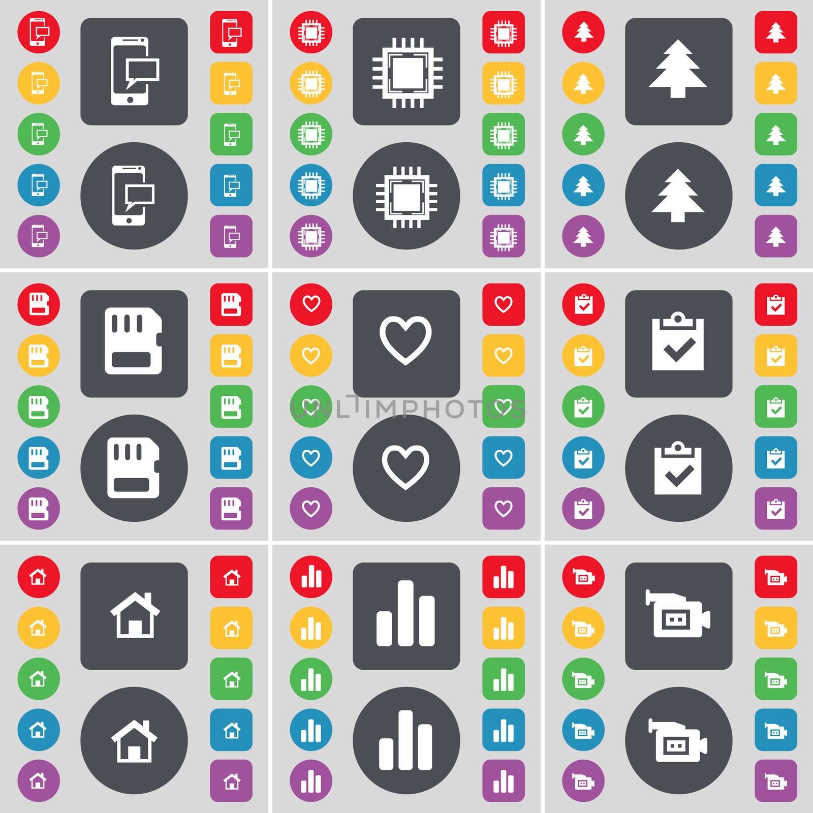 SMS, Processor, Firtree, SIM card, Heart, Survey, House, Diagram, Film camera icon symbol. A large set of flat, colored buttons for your design. illustration