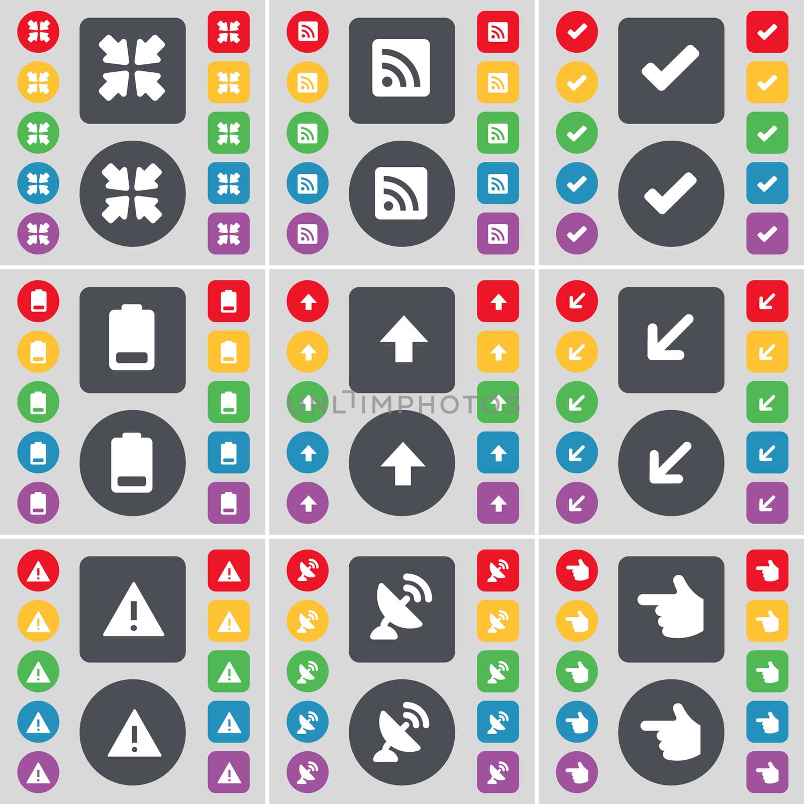 Deploying screen, RSS, Tick, Battery, Arrow up, Warning, Satellite dish, Hand icon symbol. A large set of flat, colored buttons for your design.  by serhii_lohvyniuk