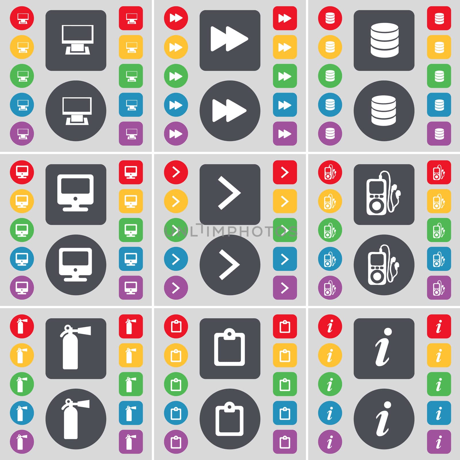 Monitor, Rewind, Database, Monitor, Arrow right, MP3 player, Fire extinguisher, Survey, Information icon symbol. A large set of flat, colored buttons for your design. illustration