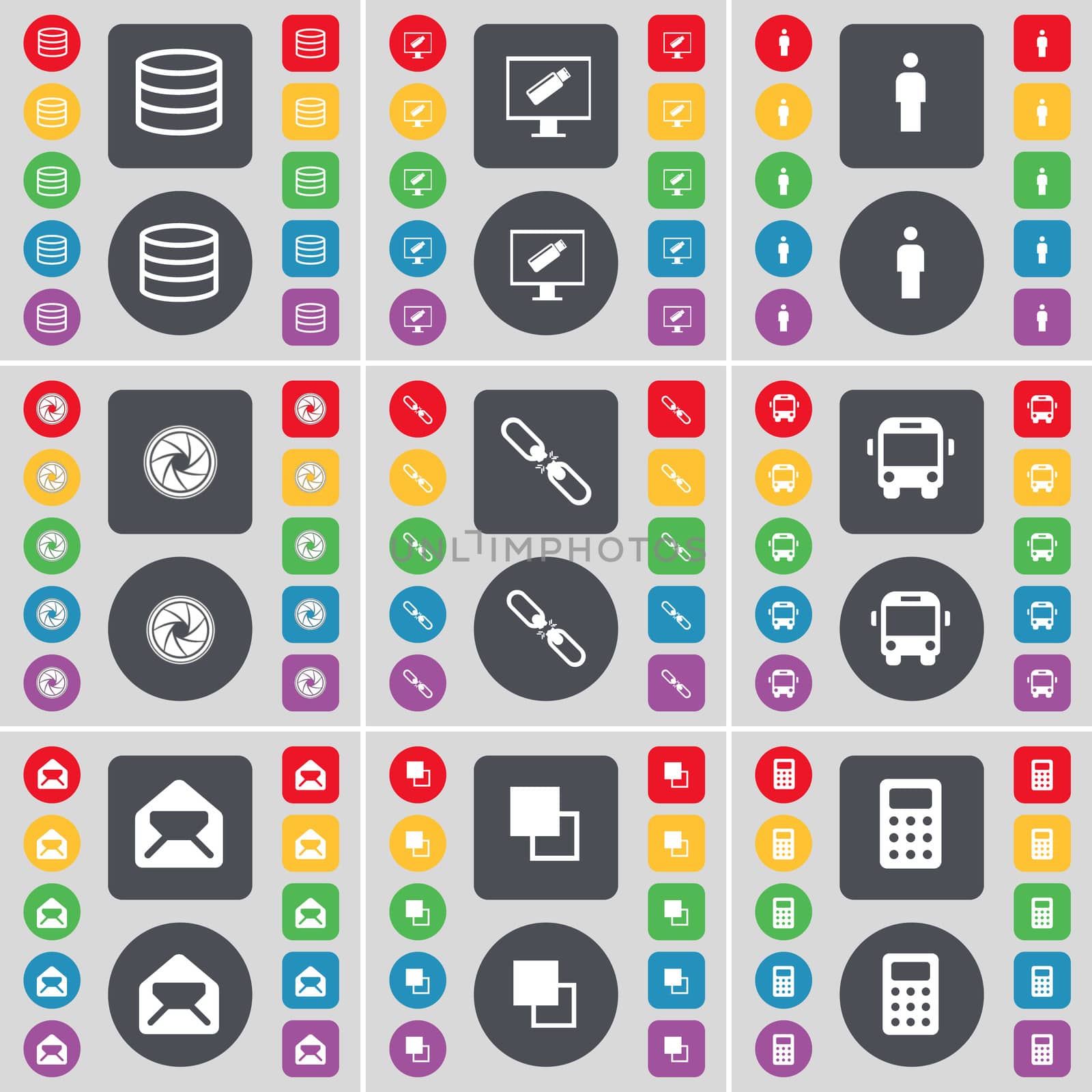 Database, Monitor, Silhouette, Lens, Link, Bus, Message, Copy, Calculator icon symbol. A large set of flat, colored buttons for your design.  by serhii_lohvyniuk