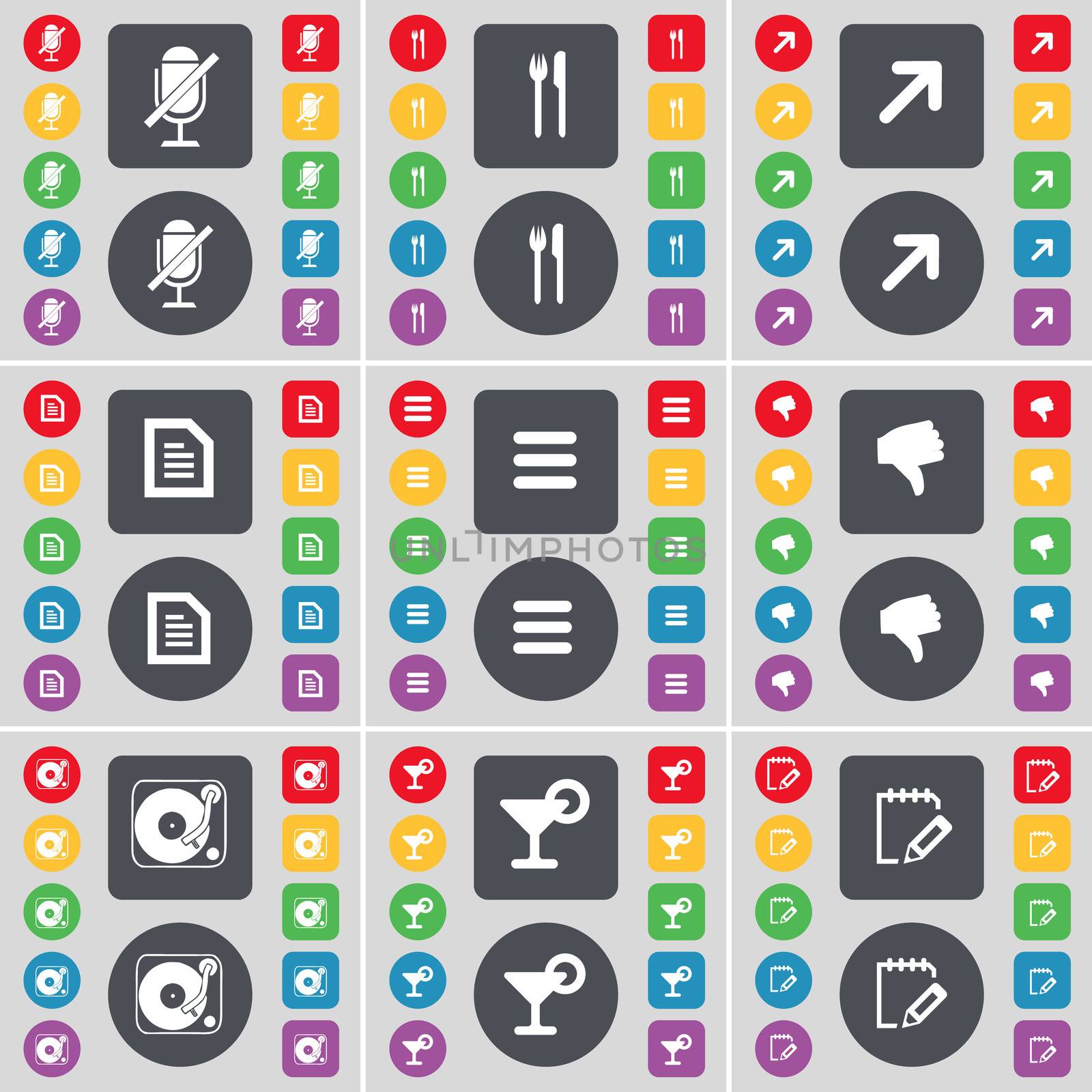 Microphone, Fork and knife, Full screen, Text file, Apps, Dislike, Gramophone, Cocktail, Notebook icon symbol. A large set of flat, colored buttons for your design. illustration